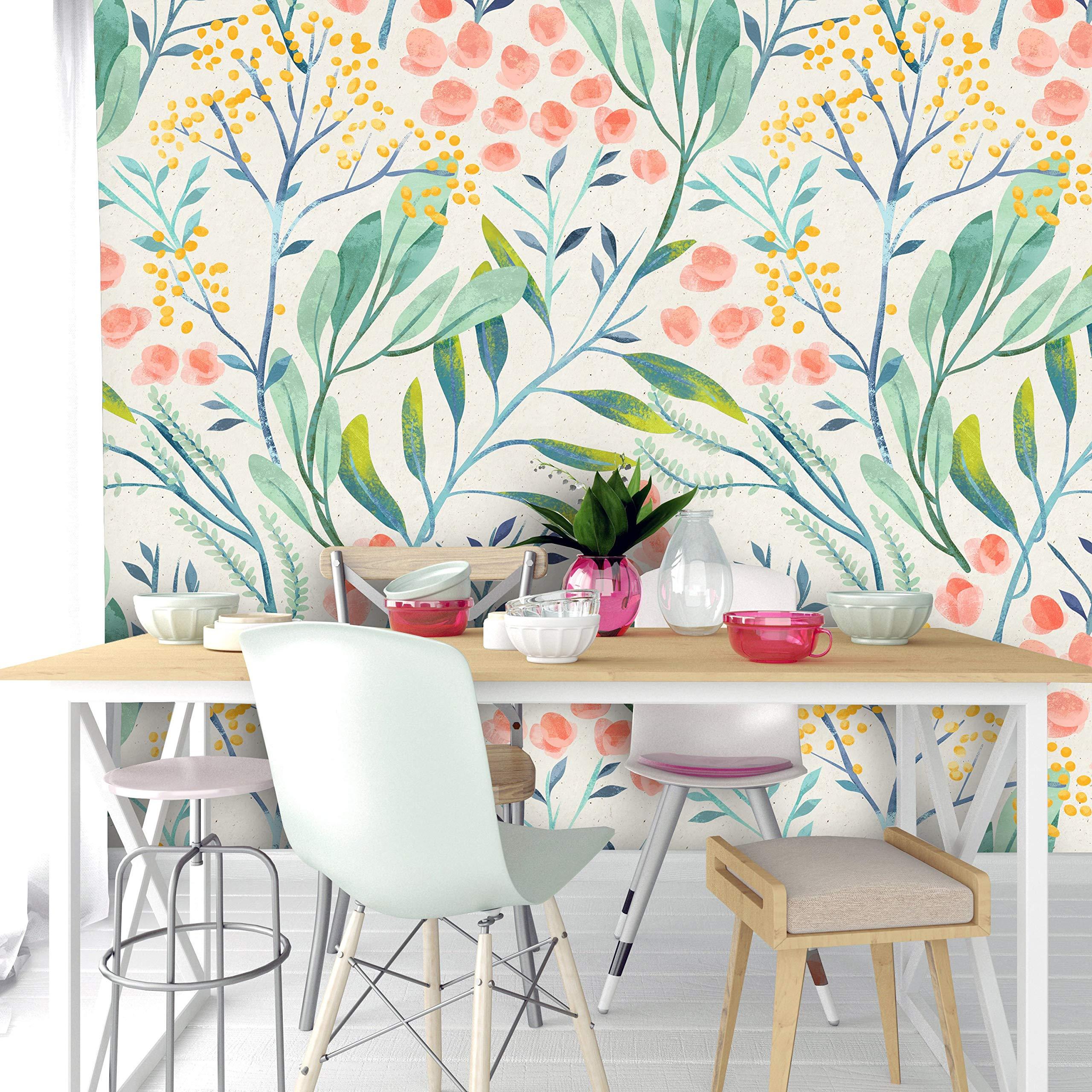 2560x2560 Removable Peel 'n Stick Wallpaper, Self Adhesive Wall Mural, Watercolor Floral Pattern, Nursery Baby's Room Decor • Green Peach Leaves (24W X 108H Inches)