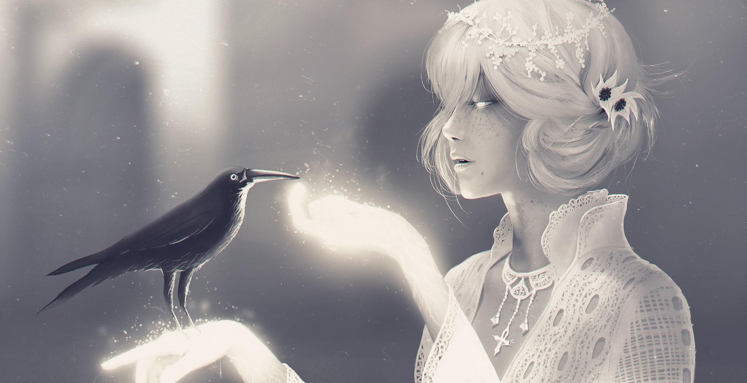 2560x1314 white, monochrome, fantasy art, fantasy girl, blue, raven, crow, black and white, monochrome photography Gallery HD Wallpaper