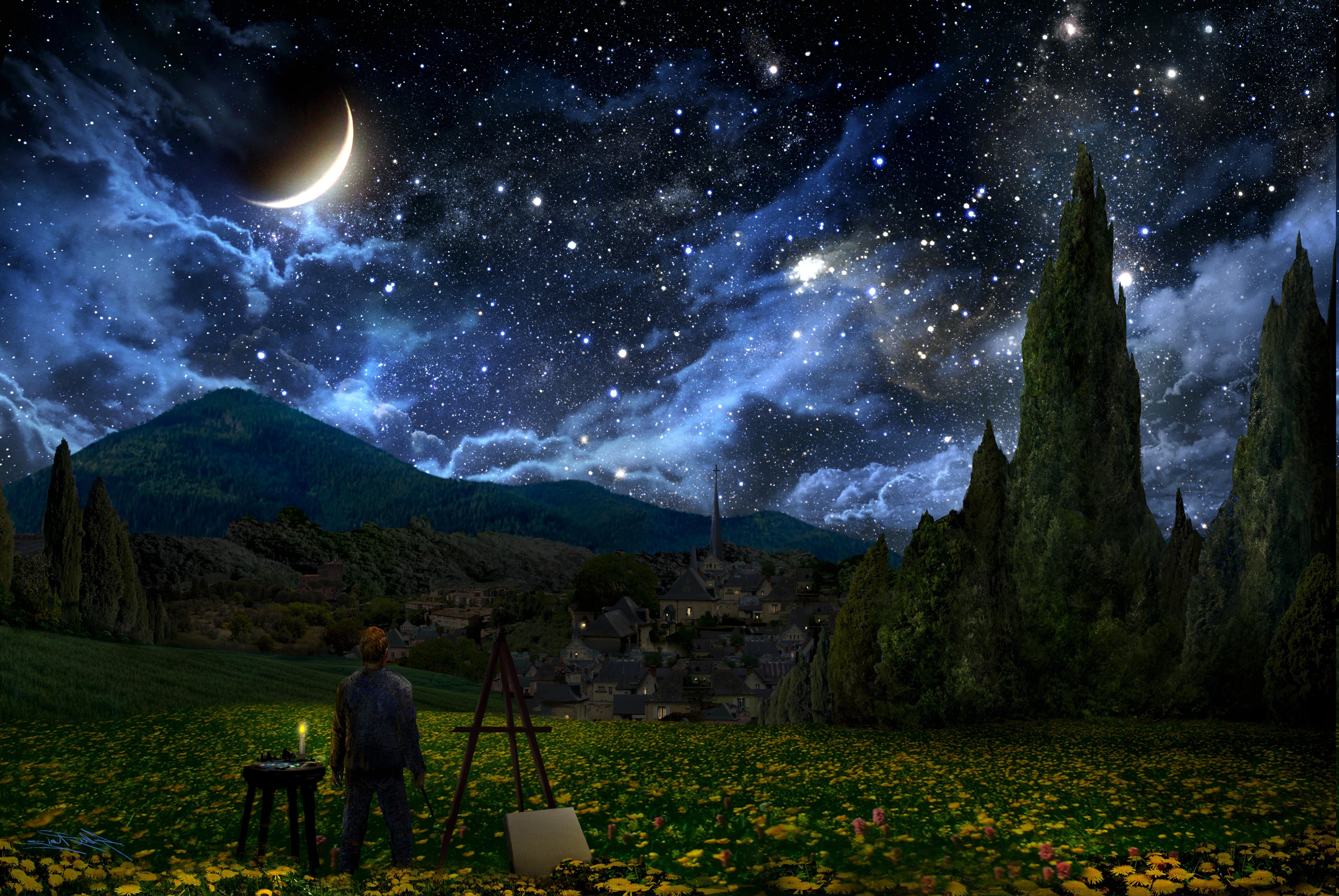 5997x4013 crescent moon painters stars landscape