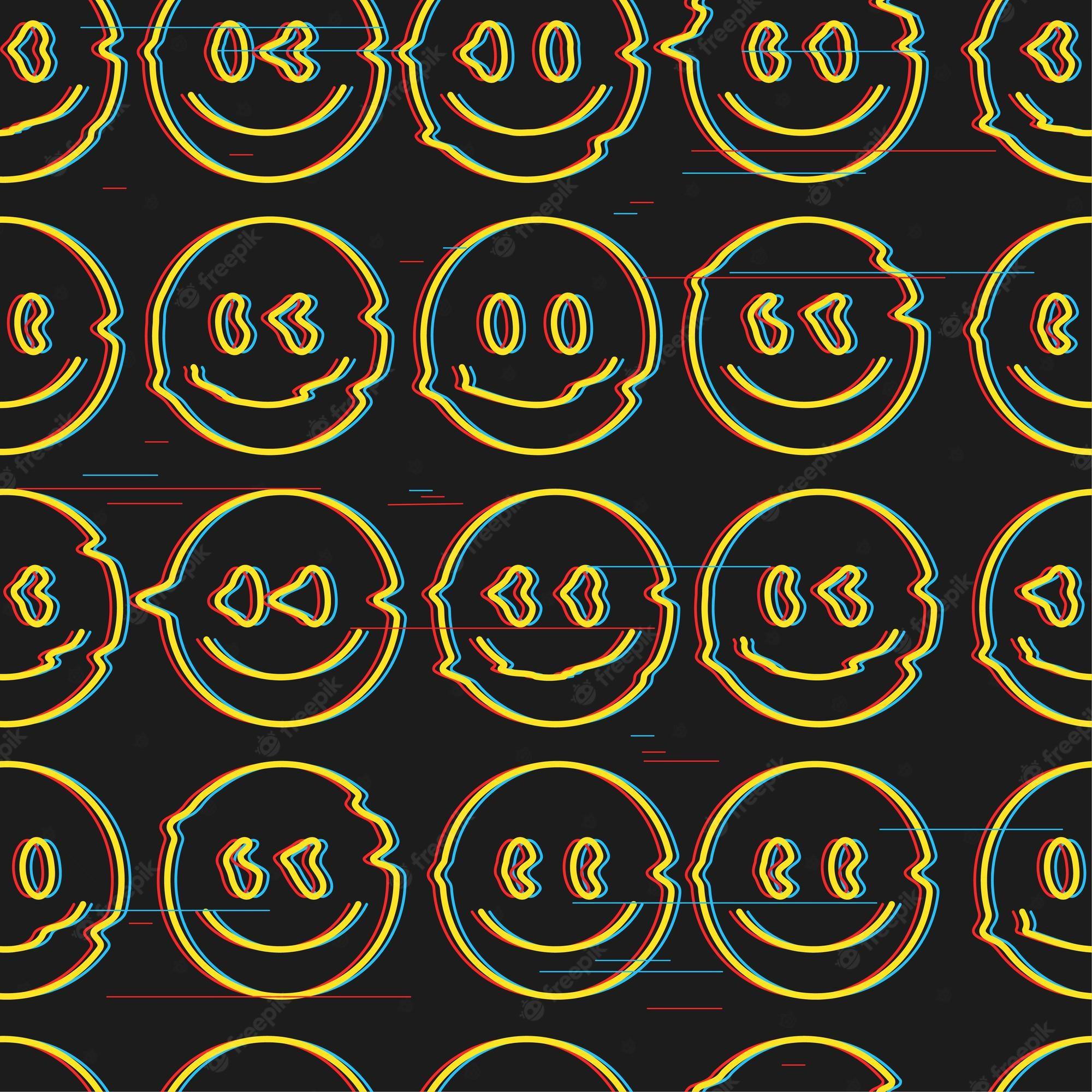 2000x2000 Premium Vector. Funny psychedelic surreal melt glitch smile face seamless pattern.vector illustration seamless pattern.smile yellow distorted, 3D glitch.face melt, acid, techno, trippy print seamless pattern concept