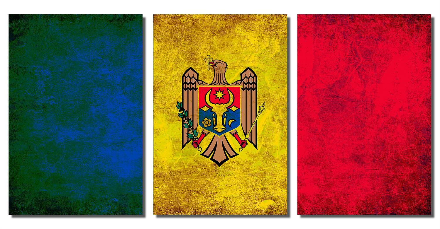 1500x782 Moldova Flag Rustic Grunge Print wall art. 3 Panel split