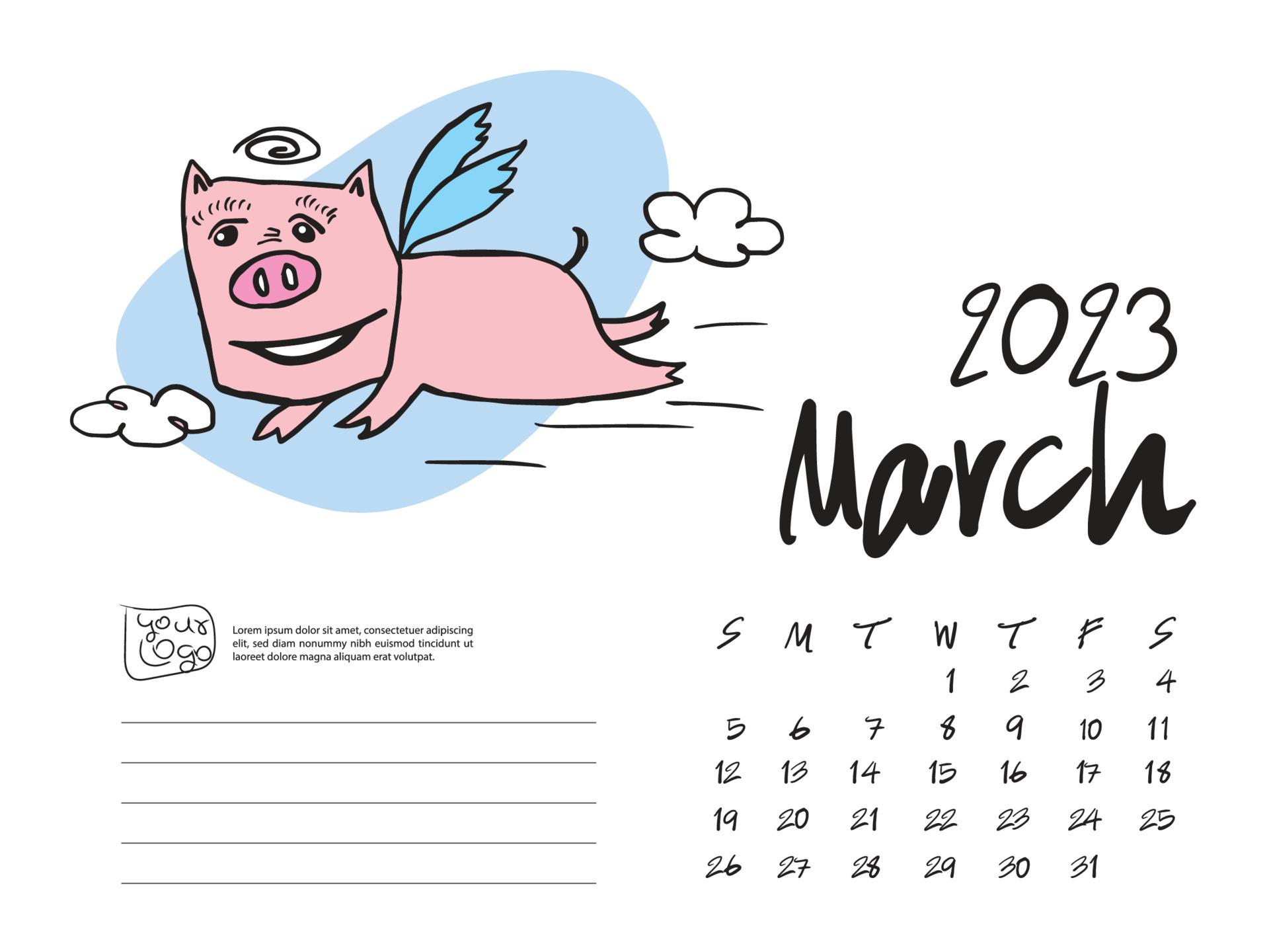 1920x1440 Calendar 2023 design template with Cute Pig vector illustration, March 2023 artwork, Lettering, Desk calendar 2023 layout, planner, wall calendar template, pig cartoon character, holiday event