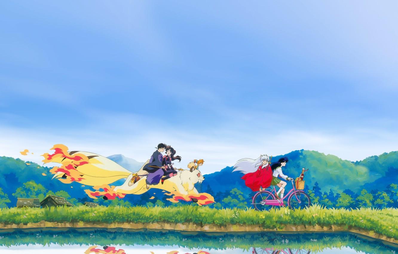 1332x850 Wallpaper bike, Japan, the demon, schoolgirl, walk, friends, pond, art, blue sky, Kirara, Inuyasha, Inuyasha, Rumiko Takahata, Miroku, Kagome Higurashi, Shippou image for desktop, section сёнэн