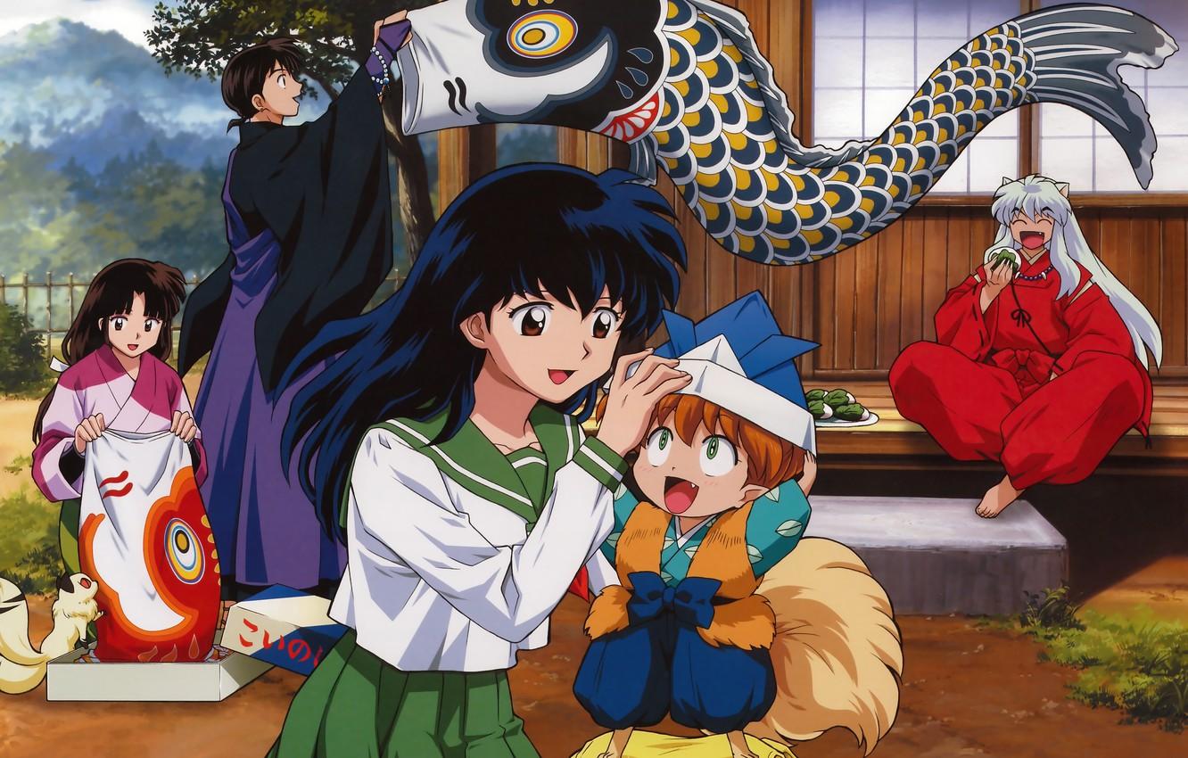 1332x850 Wallpaper holiday, Japan, schoolgirl, veranda, art, sailor, Kirara, red suit, Inuyasha, Inuyasha, Rumiko Takahata, the house, koi, Miroku, Kagome Higurashi, Shippou image for desktop, section сёнэн