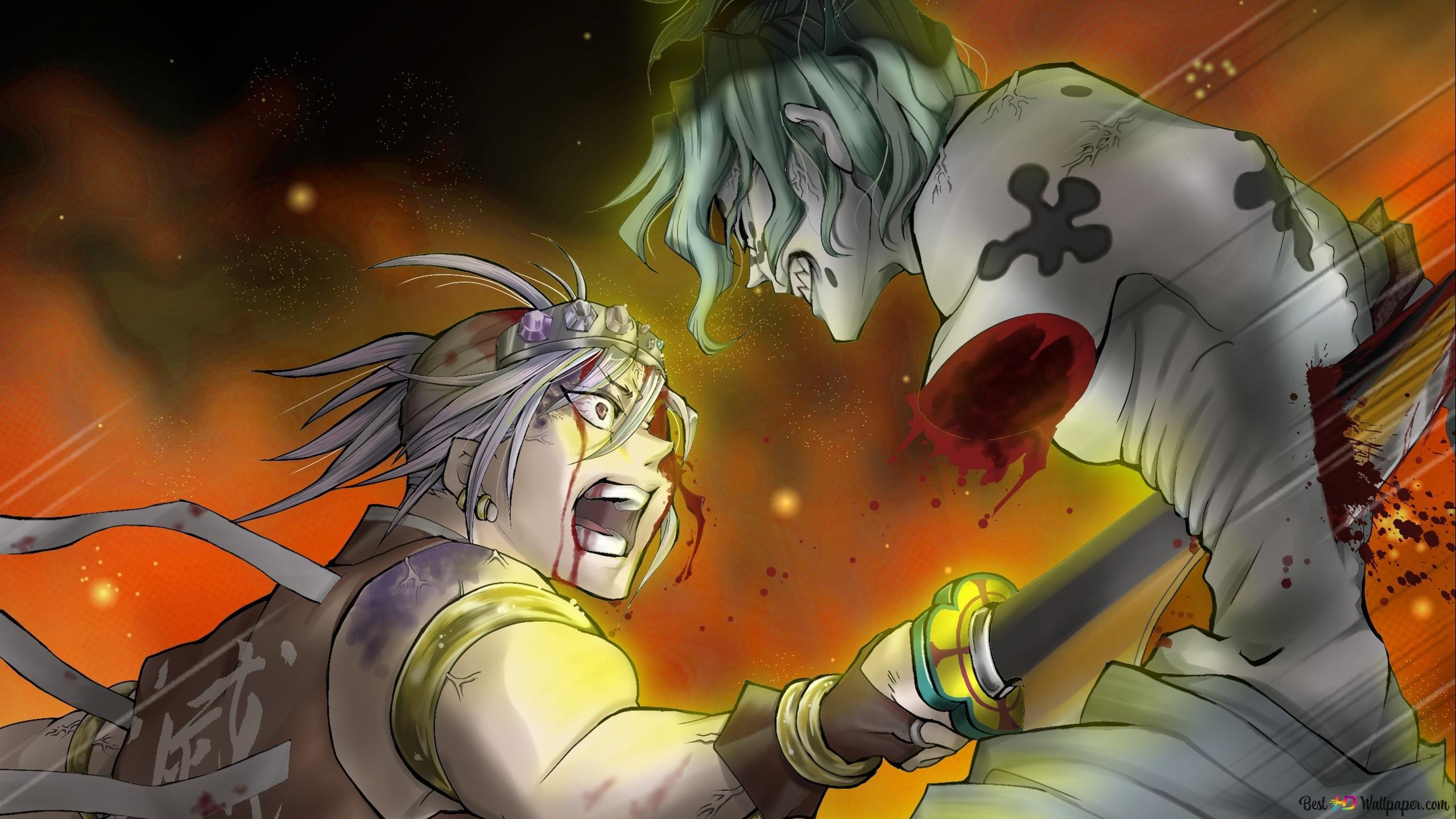 2560x1440 Demon slayer: kimetsu no yaiba gyutaro vs tengen uzui 2K wallpaper download