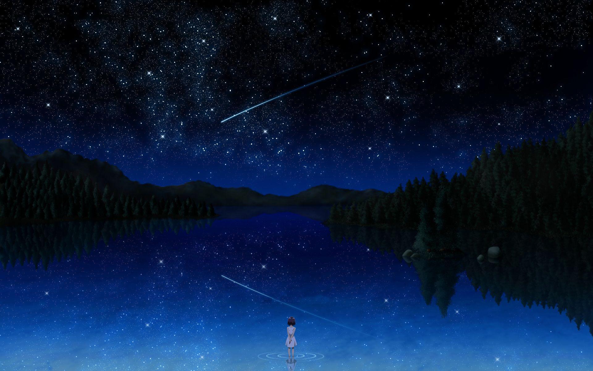 Girl watching shooting star alone 4K wallpaper download