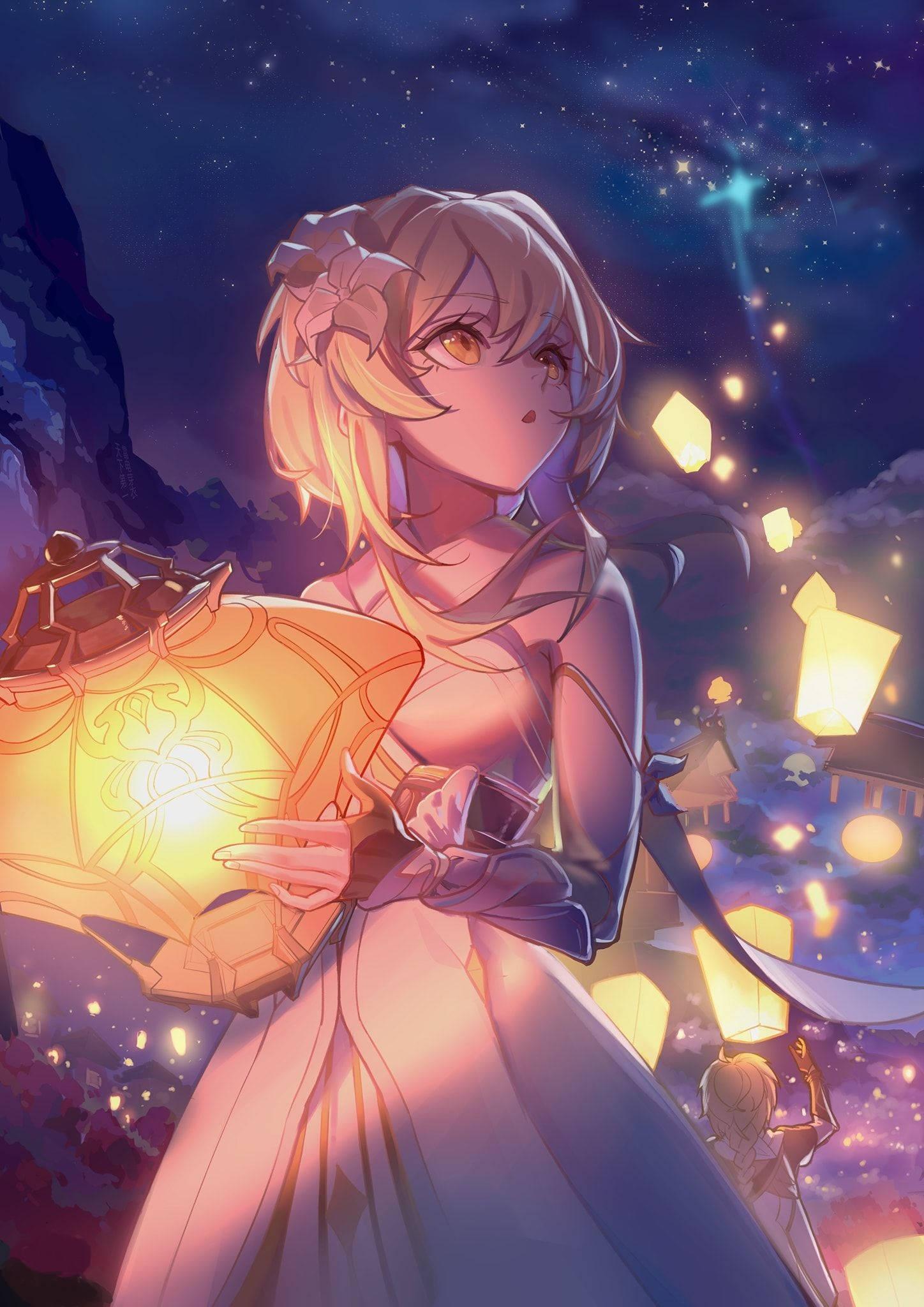1448x2048 Download Genshin Impact Lumine With Lanterns Wallpaper
