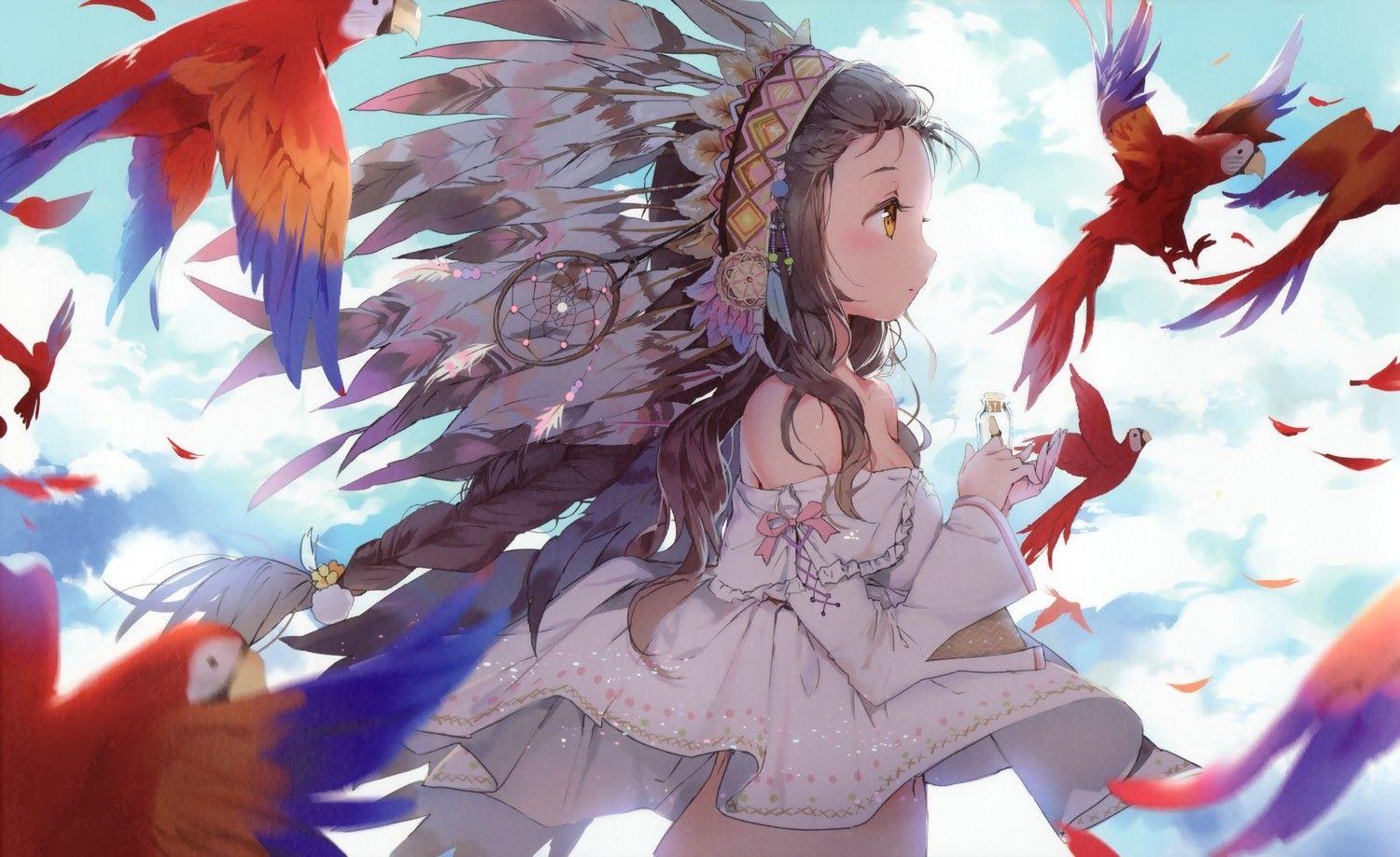 1500x919 Wallpaper : illustration, birds, anime girls, brunette, feathers
