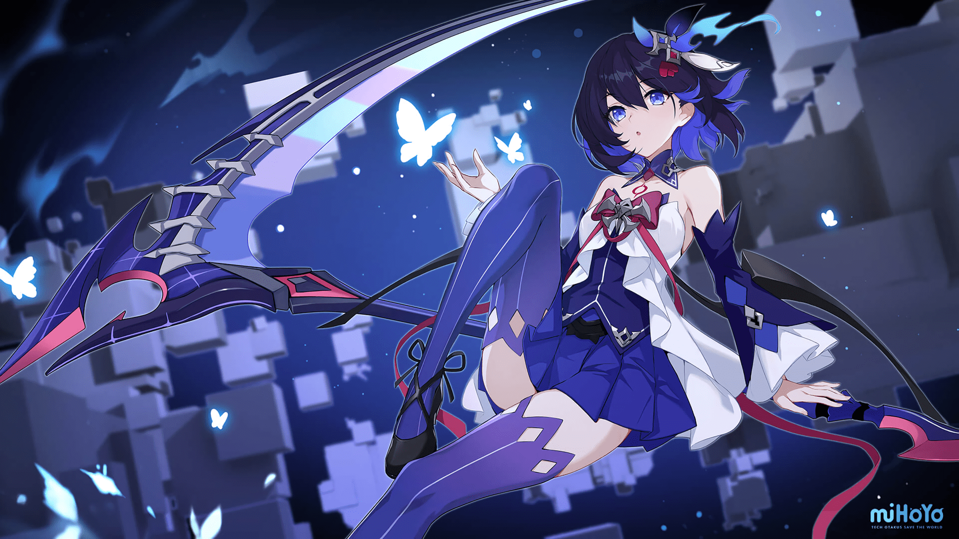 1920x1080 blue eyes, Honkai Impact 3rd, blue hair, weapon, Seele Vollerei, anime, fantasy weapon, artwork, anime girls, video games, shoulder length hair, digital art, Honkai Impact, tights Gallery HD Wallpaper