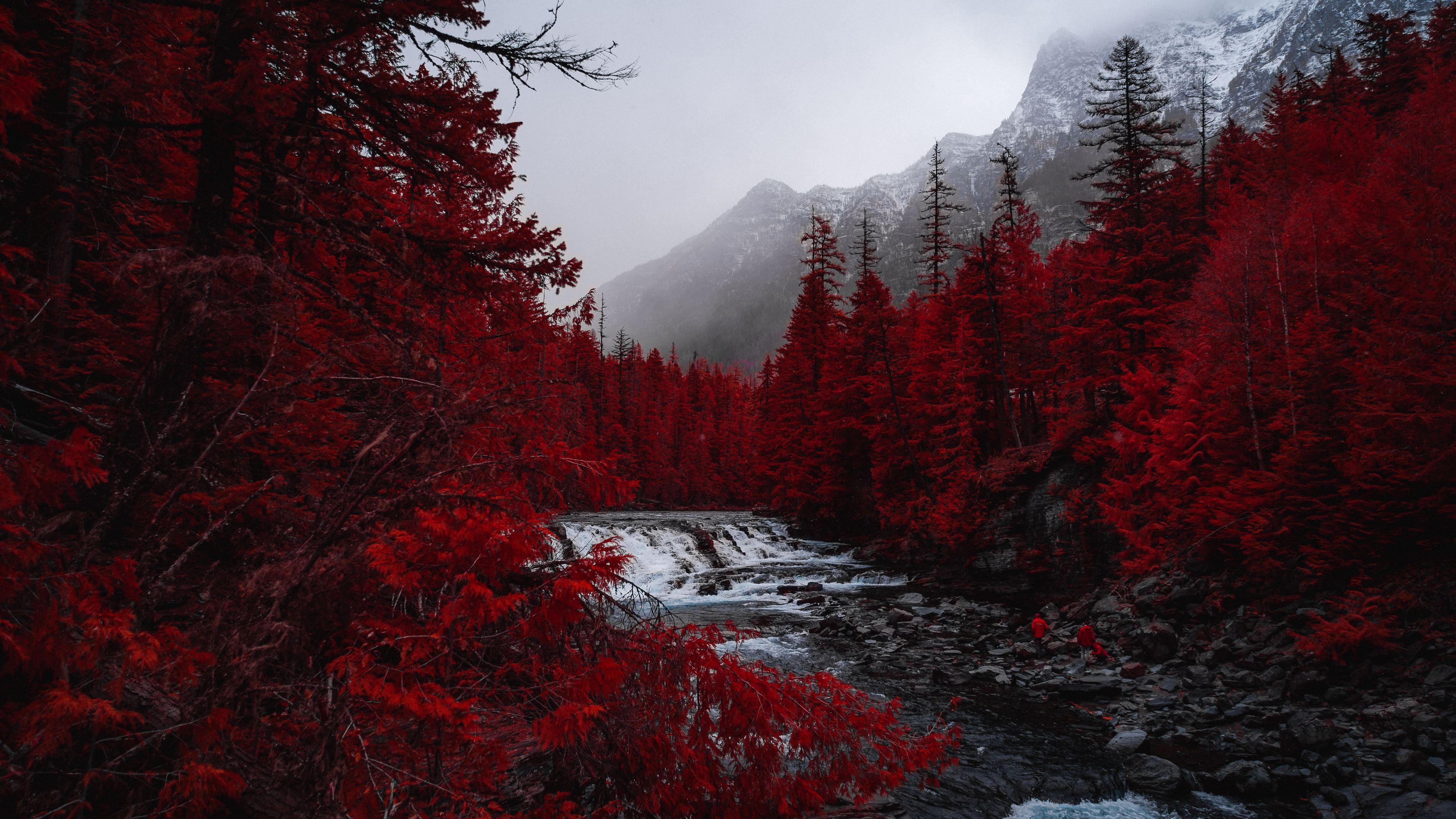 3840x2160 Wallpaper / river, trees, red, mountains, fog, landscape, 4k free download
