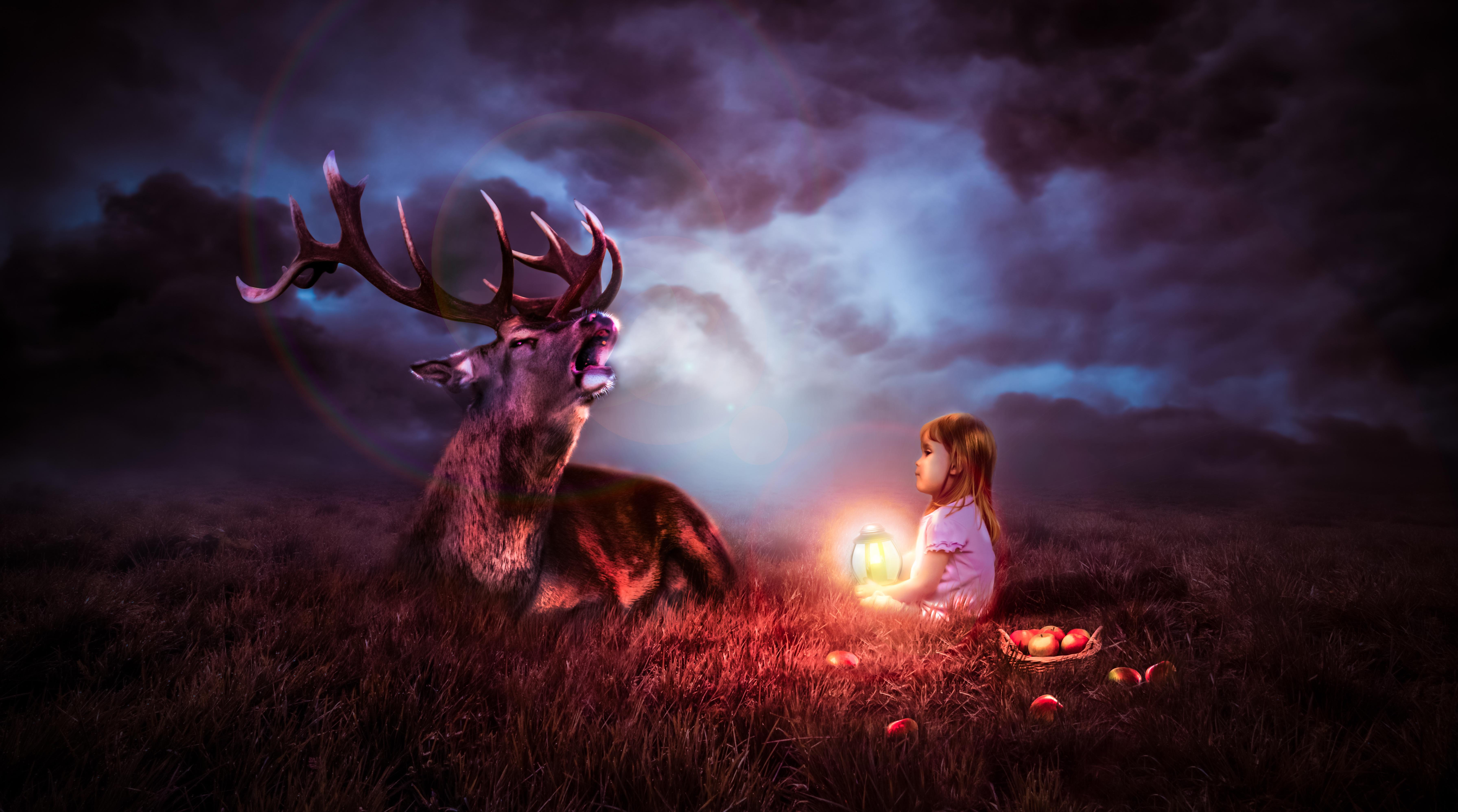 7166x3992 Lantern, Apples, Deer, Night, Cute child, 4K, 8K Gallery HD Wallpaper