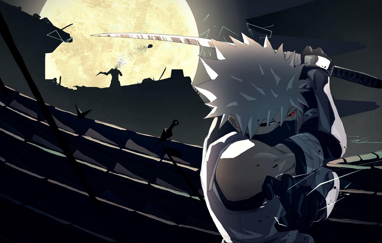 1332x850 Wallpaper katana, ninja, the full moon, killer, blade, kunai, ninja, Naruto Shippuden, Kakashi Hatake, Kakashi Hatake, Naruto shippuuden, shuriken image for desktop, section сёнэн