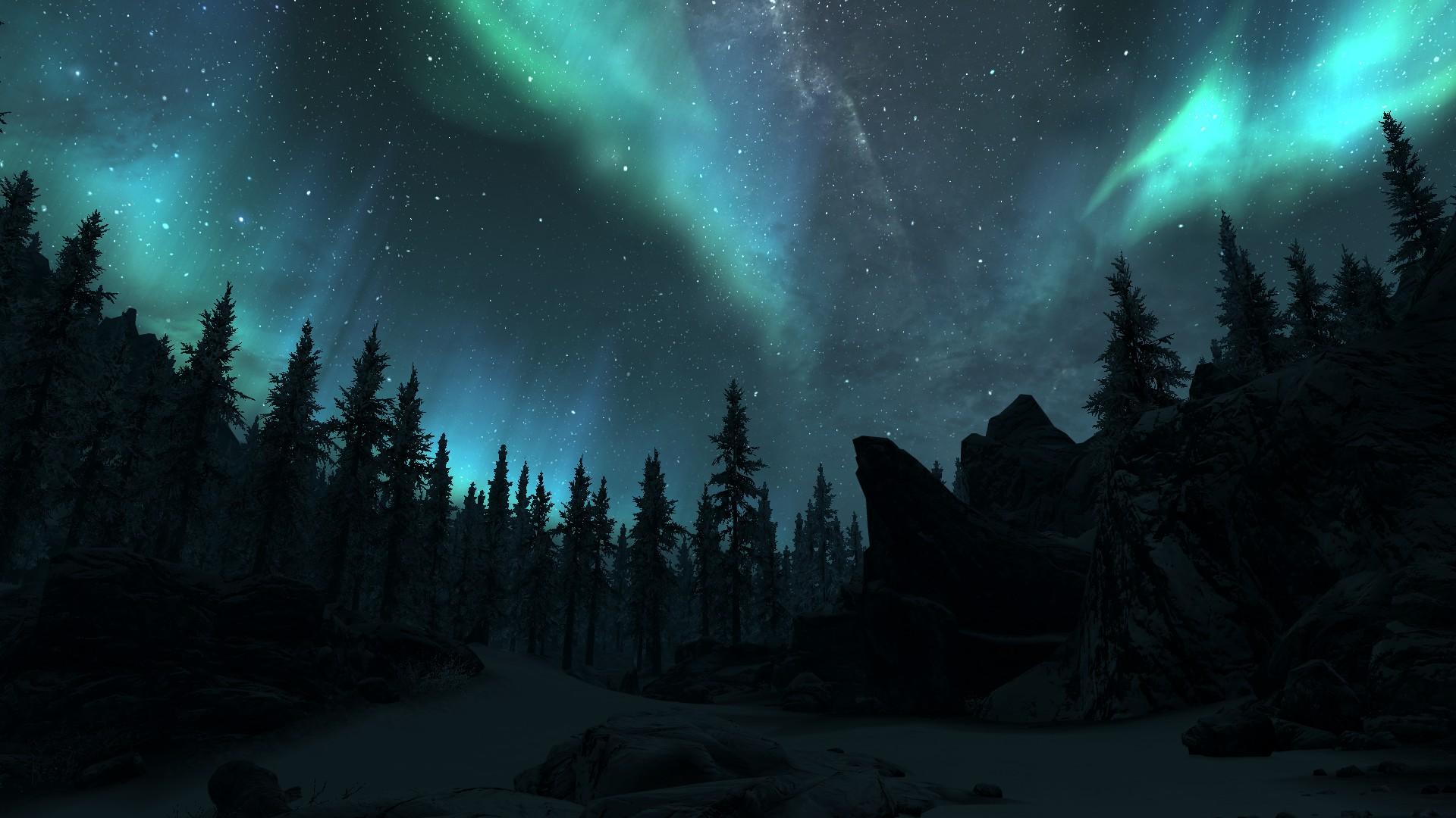 1920x1080 Skyrim Winter Night: Aurora Borealis Over Snowy Forest HD Wallpaper