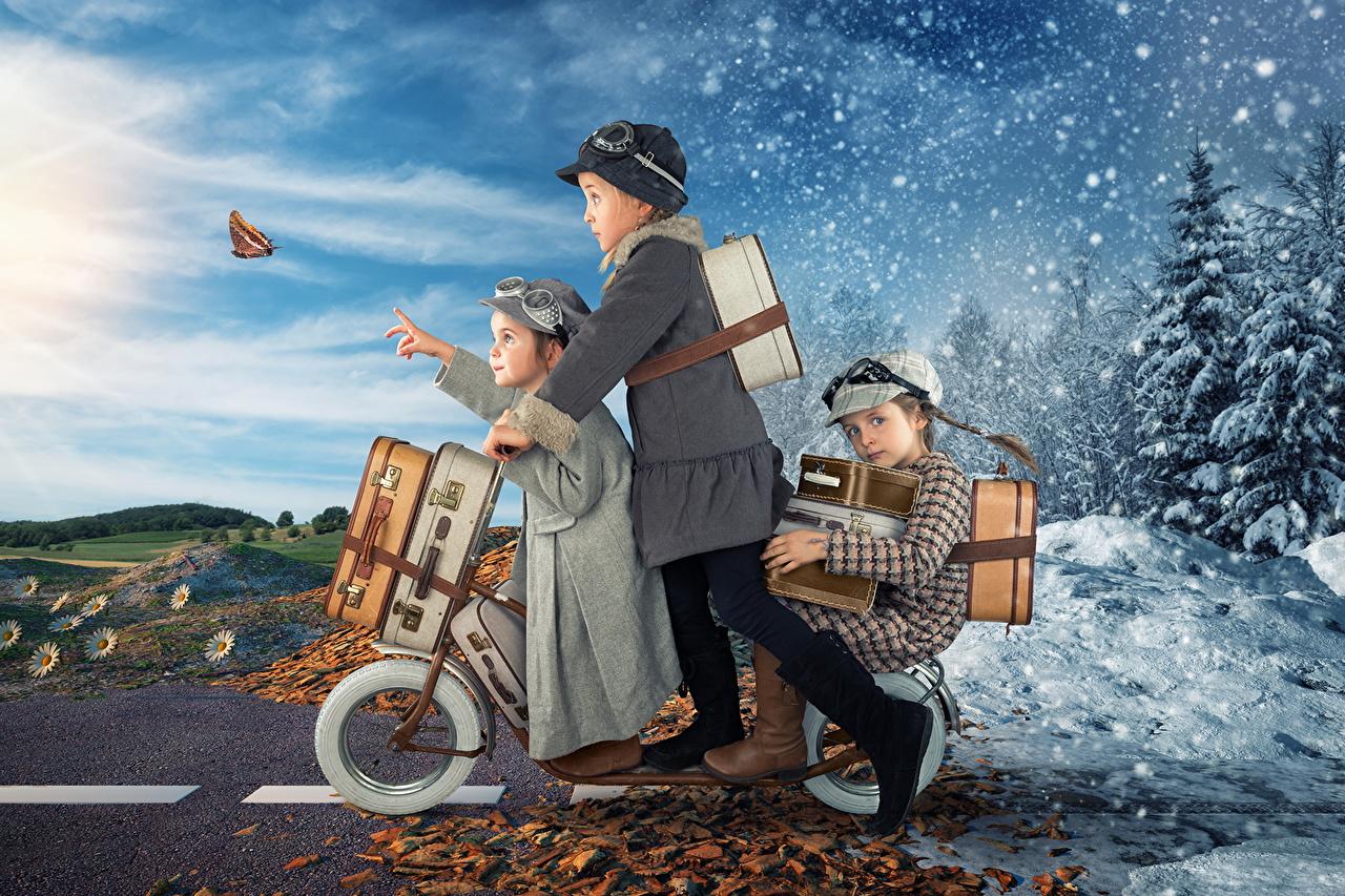 1280x853 Photo Humor Little girls child Winter Spring Snow Suitcase Three 3