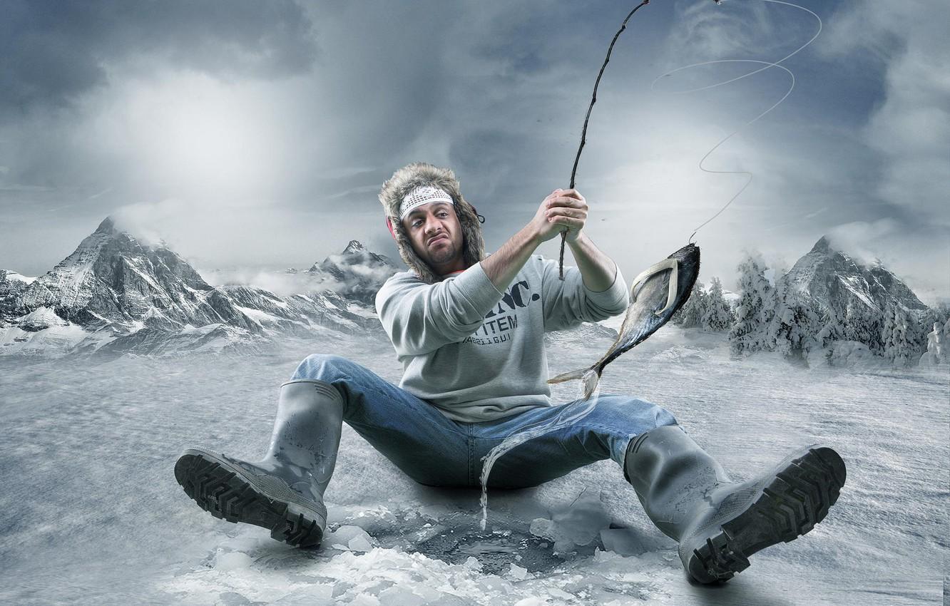 1332x850 Wallpaper winter, man, humor, fisherman, cutting, biting image for desktop, section ситуации