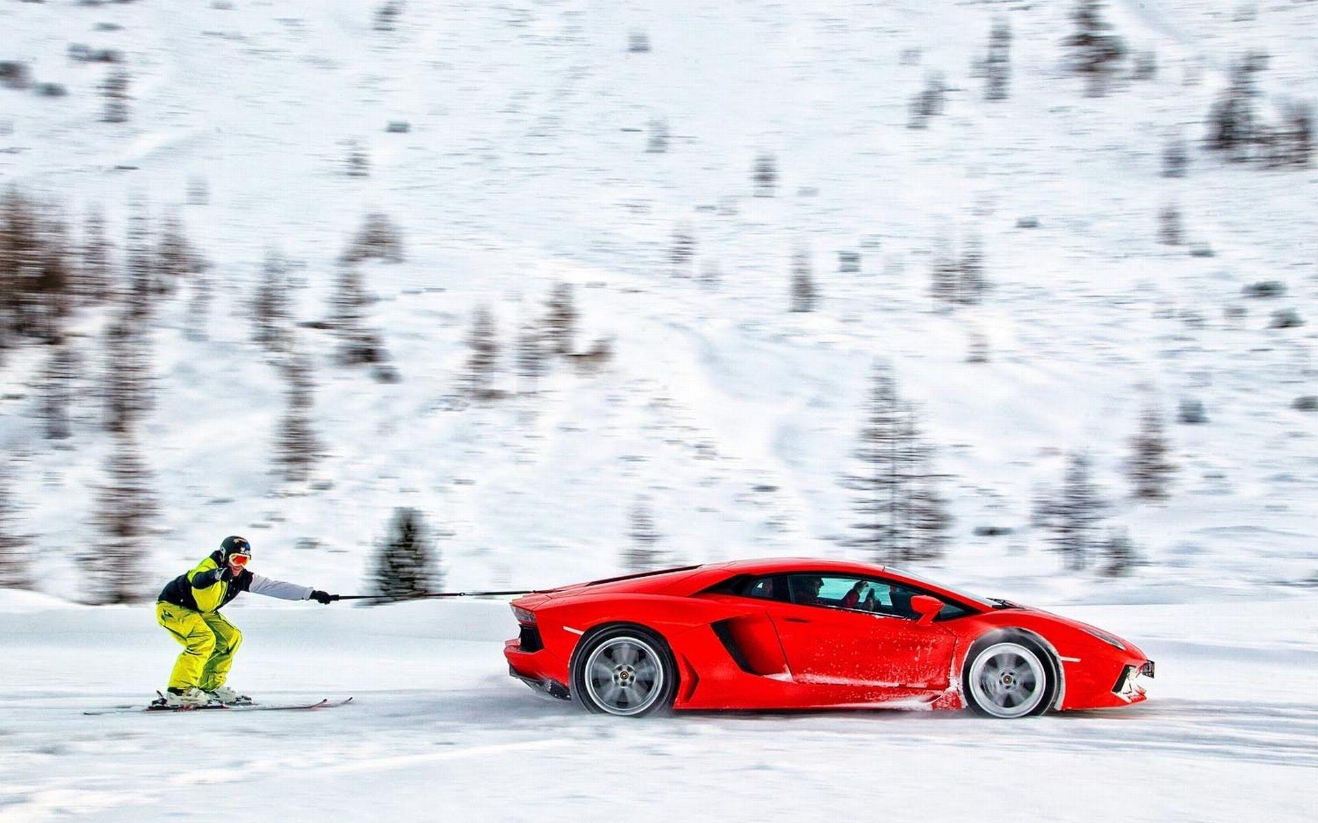 1920x1200 HD desktop wallpaper: Funny, Winter, Lamborghini, Snow, Ski, Vehicles, Humor, Lamborghini Aventador Lp 700 4 download free picture
