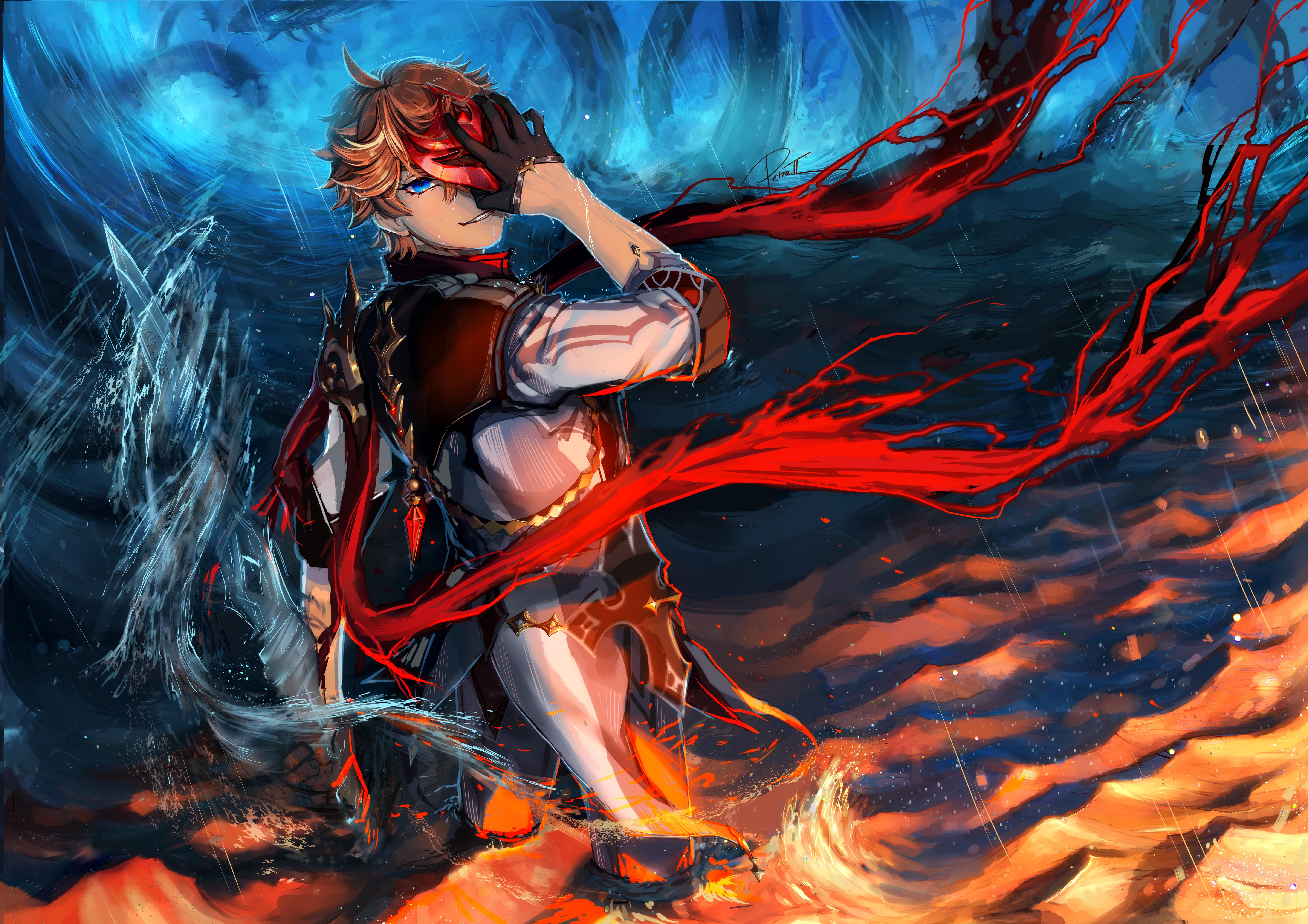 6088x4302 Anime man covered his face with hand in water Desktop wallpaper 1600x900