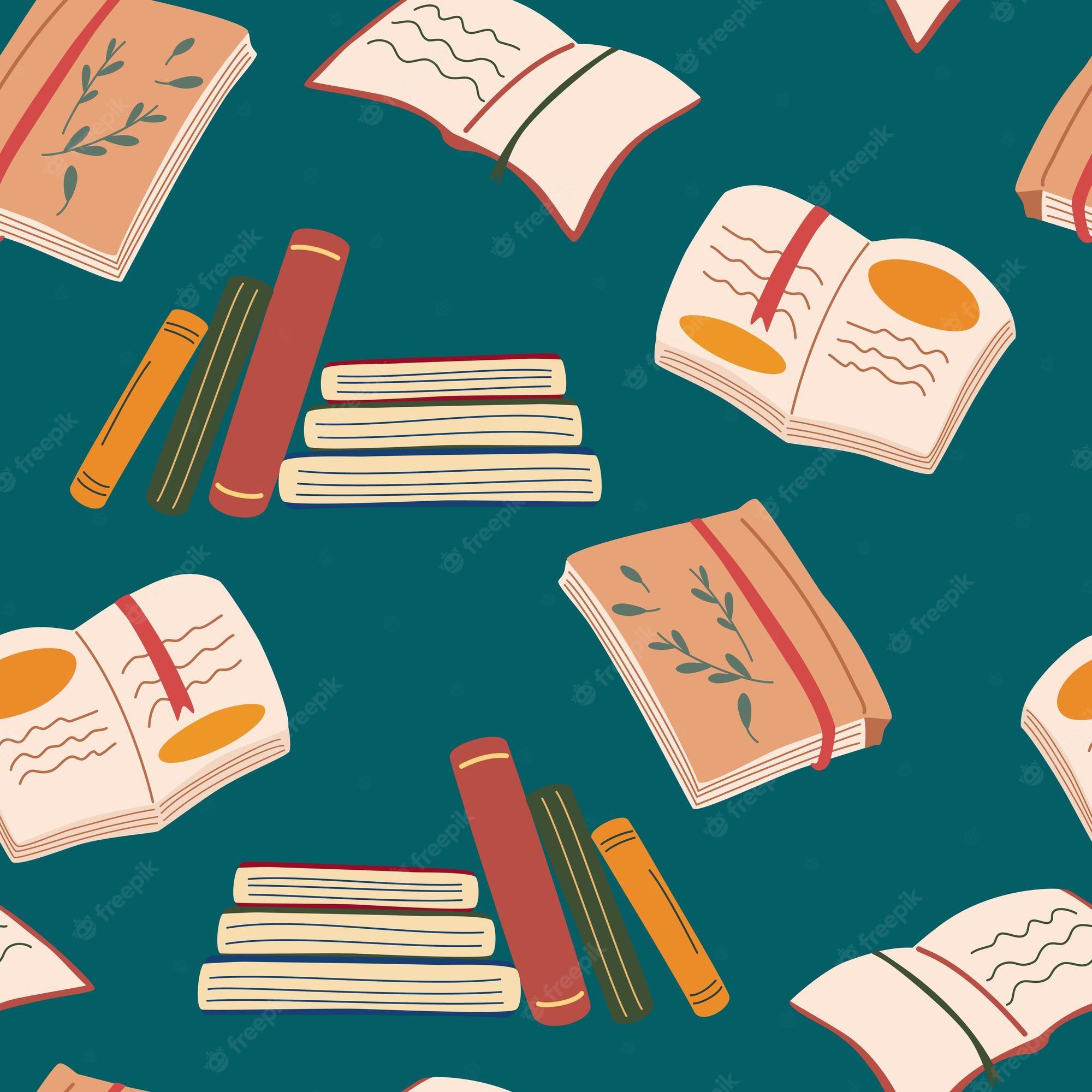 2000x2000 Premium Vector. Books seamless pattern. library, bookstore. open book, notebook with a bookmark, stack of books. for wallpaper, wrapping, textile, fabric, decor, prints, cards. reading themed vector illustration