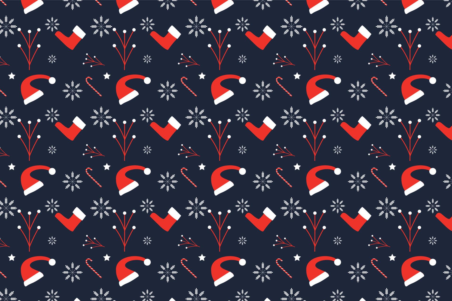1920x1280 Simple Christmas pattern design for book covers, wallpaper, and background. Christmas endless pattern decoration with Santa hats and candy cane. Minimal pattern vector on a dark background