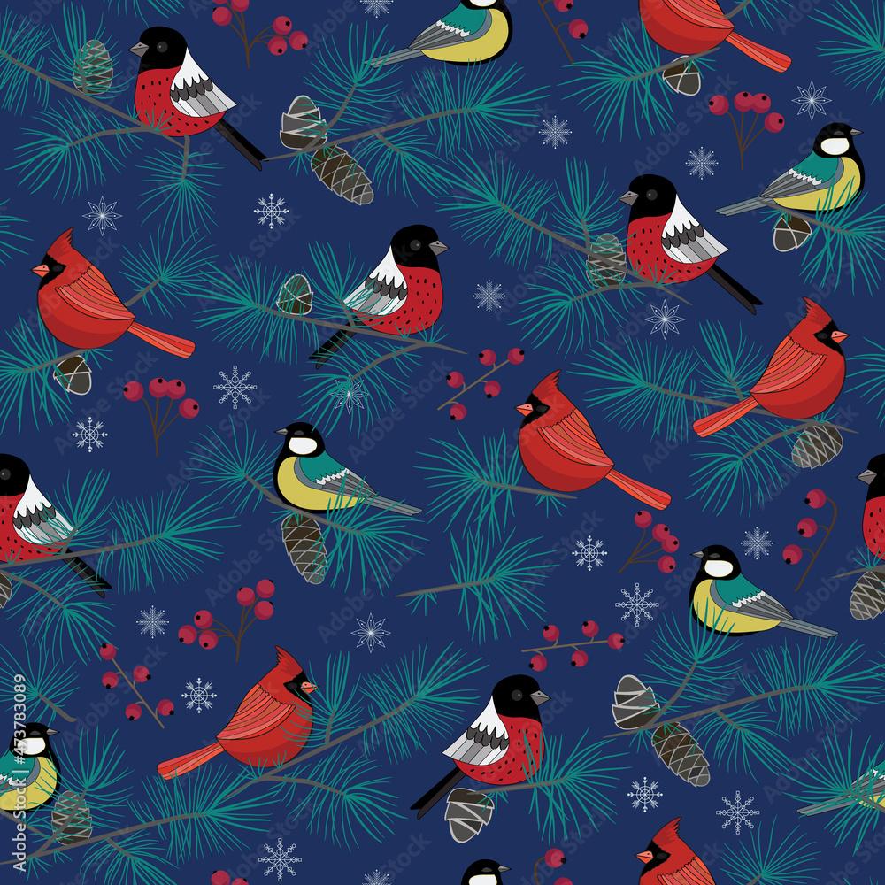 1000x1000 Vector winter forest seamless pattern print background. Perfect for textile, book covers, wallpaper, design, graphic art, printing, hobby, invitation, scrapbooking. Hand drawn. Stock Vector