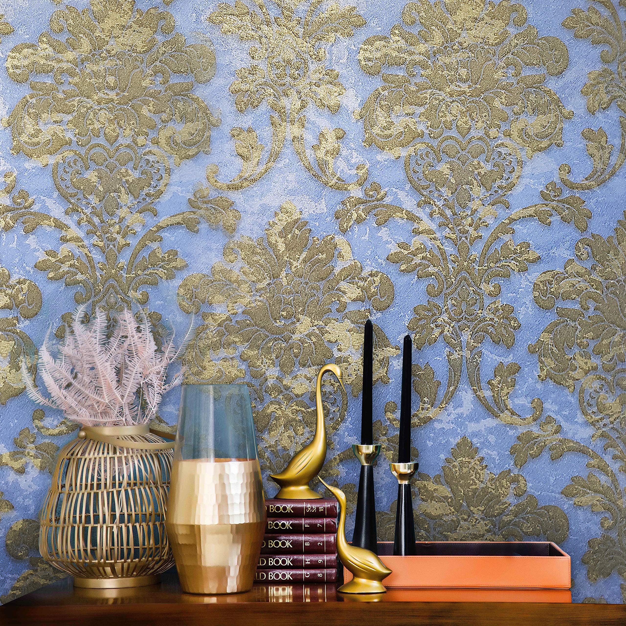 2560x2560 sq.ft Rolls Portofino wallcoverings Embossed Covering Vinyl Italian Wallpaper Blue Brass Gold Metallic Rusted Vintage Damask Design Victorian Plaster Pattern Textured Wallpaper Wall coverings 3D