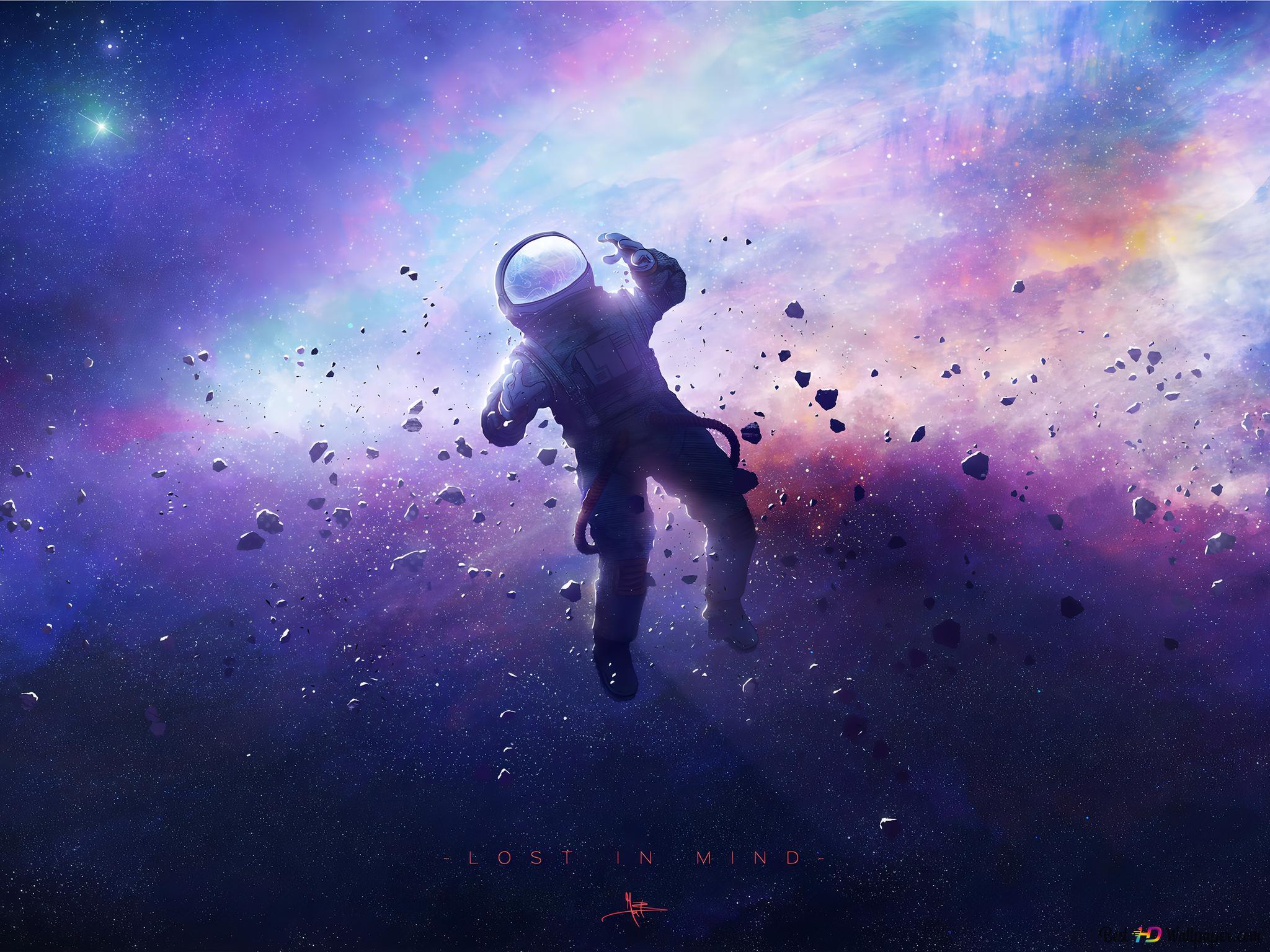 2048x1536 Astronaut in the colorful lights of planets in outer space 4K wallpaper download