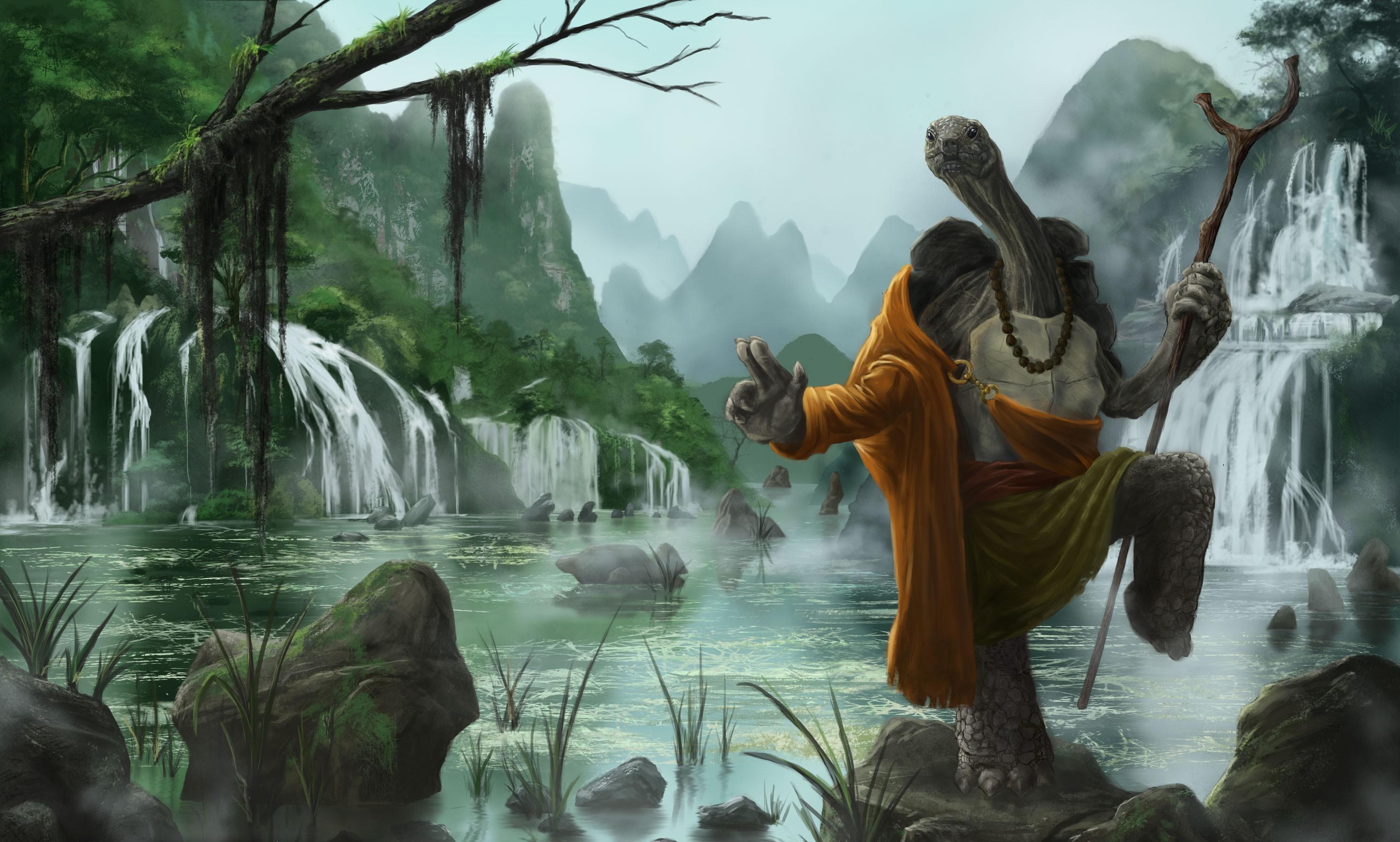 3000x1804 kung, Fu, Panda, Turtle, Warrior, River, Cartoon, Fantasy, Waterfall Wallpaper HD / Desktop and Mobile Background