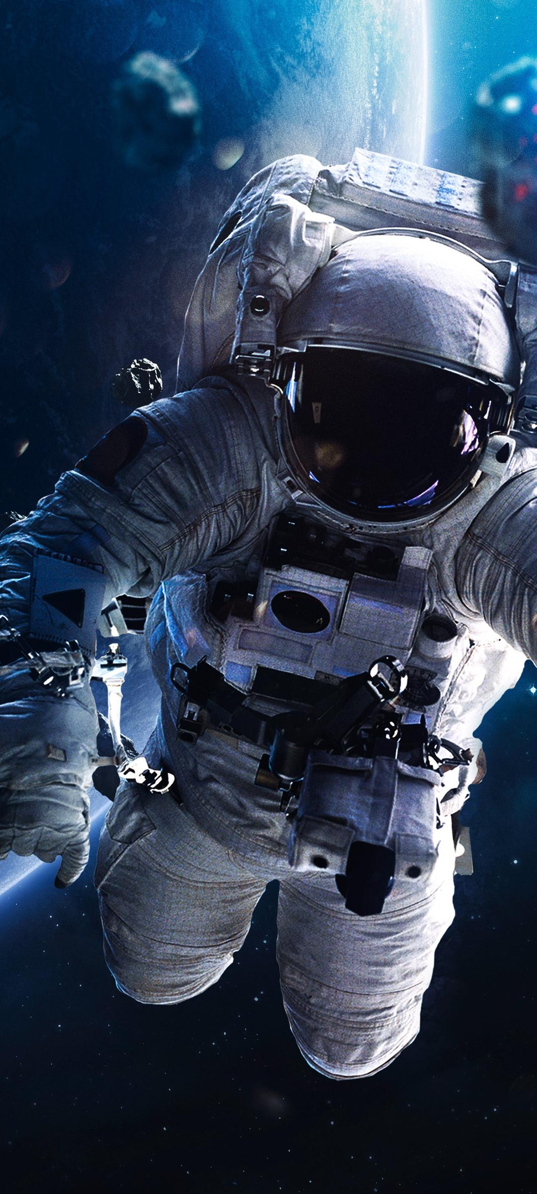 1080x2400 Astronaut Wallpaper 4K, Asteroids, Blue planet