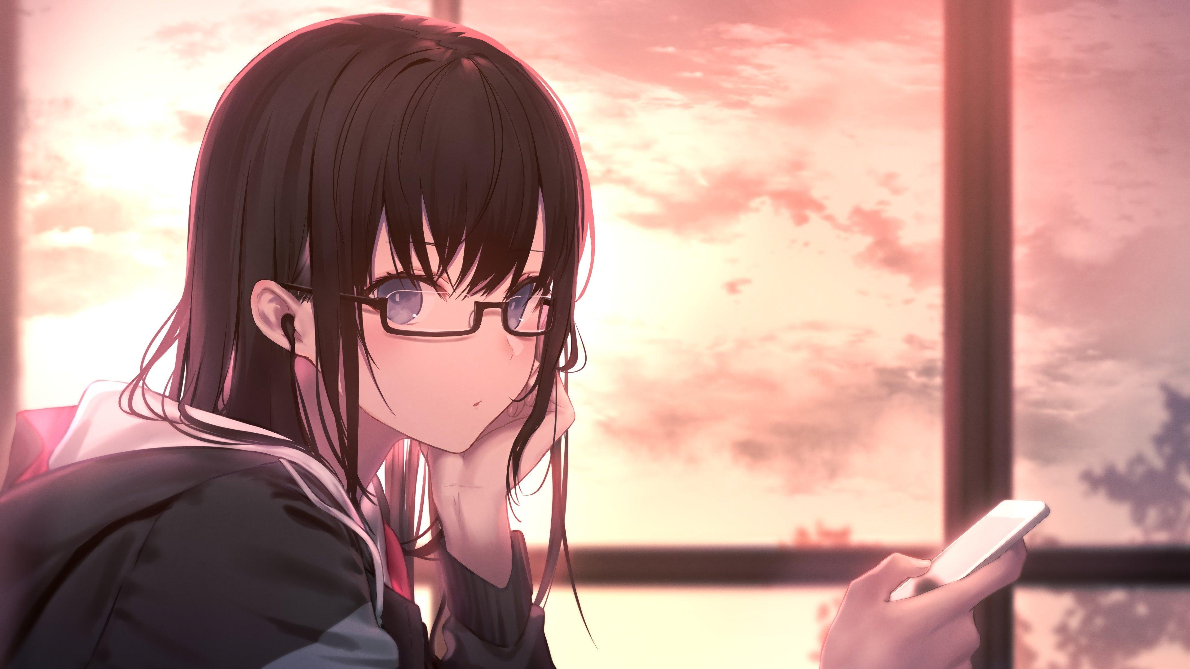 3840x2160 Anime Girl in Glasses with Student Uniform Wallpaper 4K for Desktop