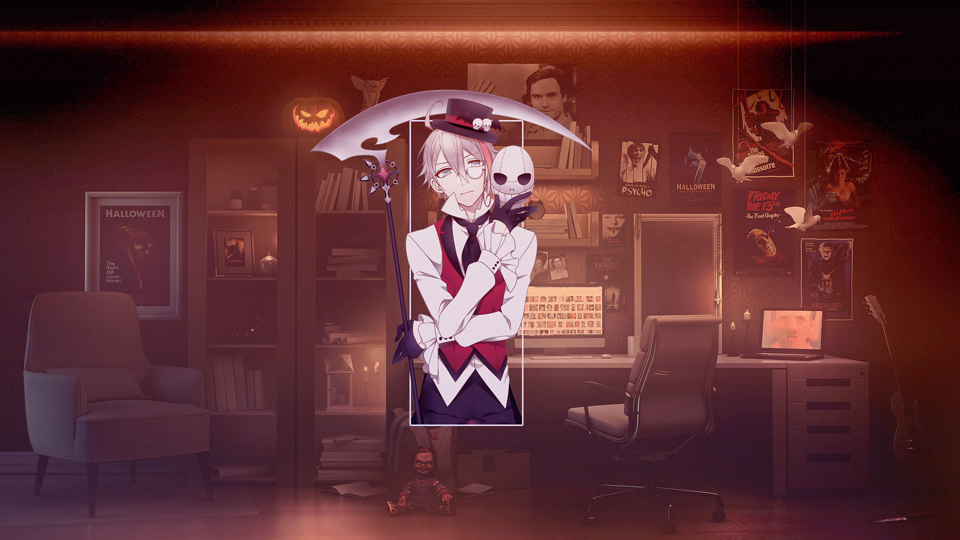 1920x1080 Anime, Picture In Picture, Halloween, Photohop, Room, Scythe, Anime Boys, Digital Art, Pumpkin Gallery HD Wallpaper