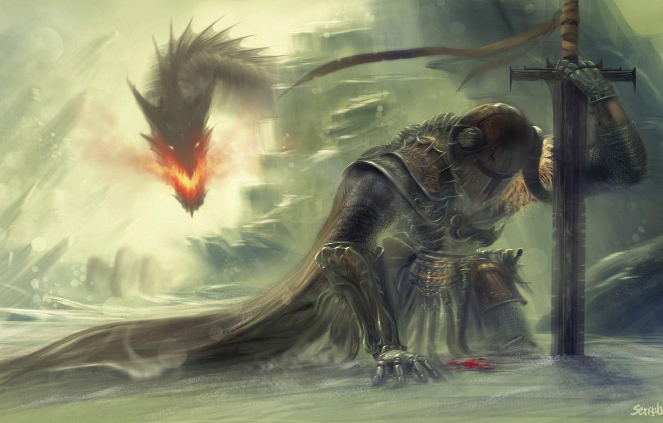 1332x850 Wallpaper snow, rocks, fire, dragon, sword, warrior, art, armor, skyrim image for desktop, section игры