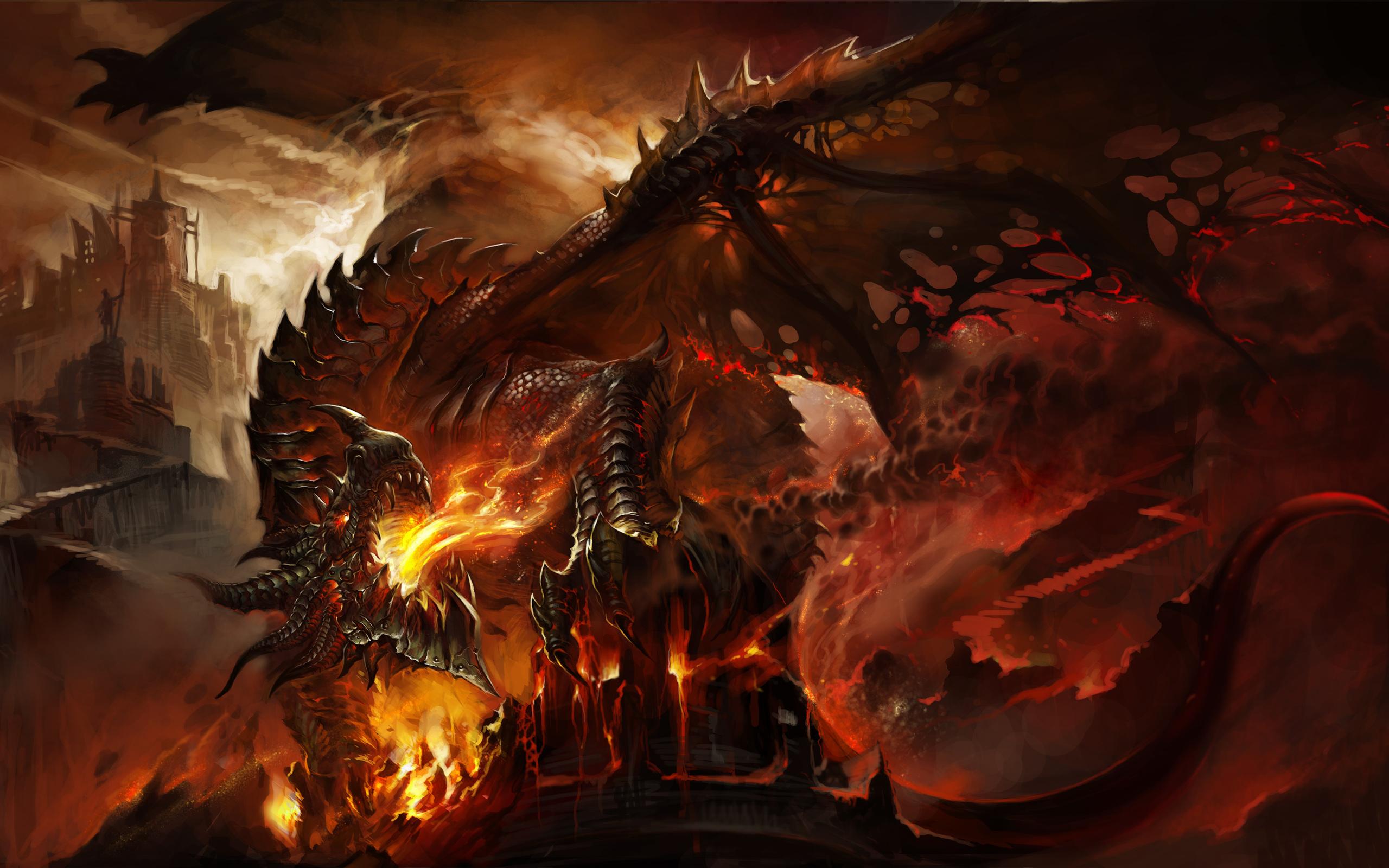 2560x1600 2560x1600 City, Deathwing (World Of Warcraft), Dragon, Fantasy, Fire Gallery HD Wallpaper