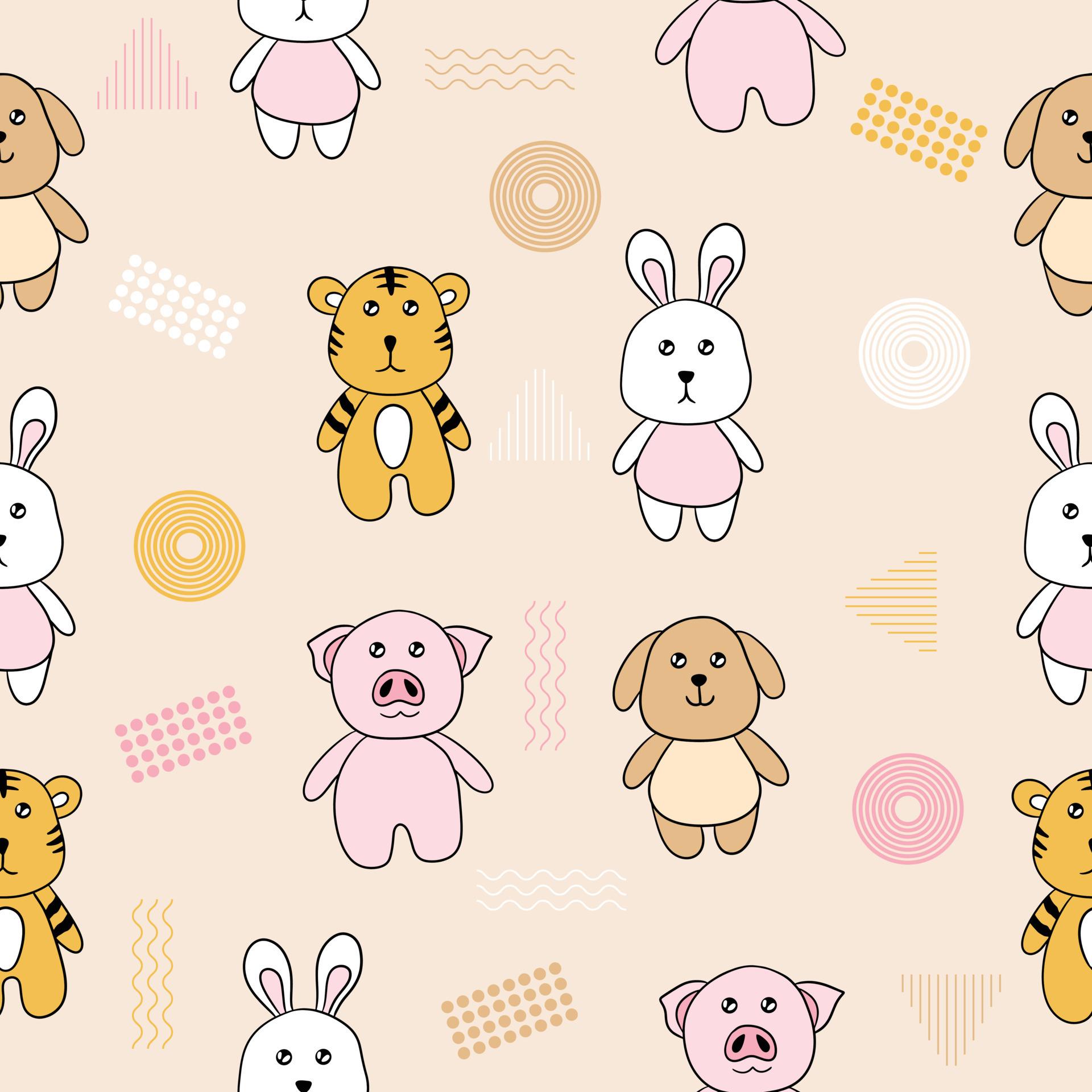 1920x1920 Cute chibi animals tiger, dog, rabbit, piglet seamless pattern doodle kids baby kawaii cartoon Premium Vector