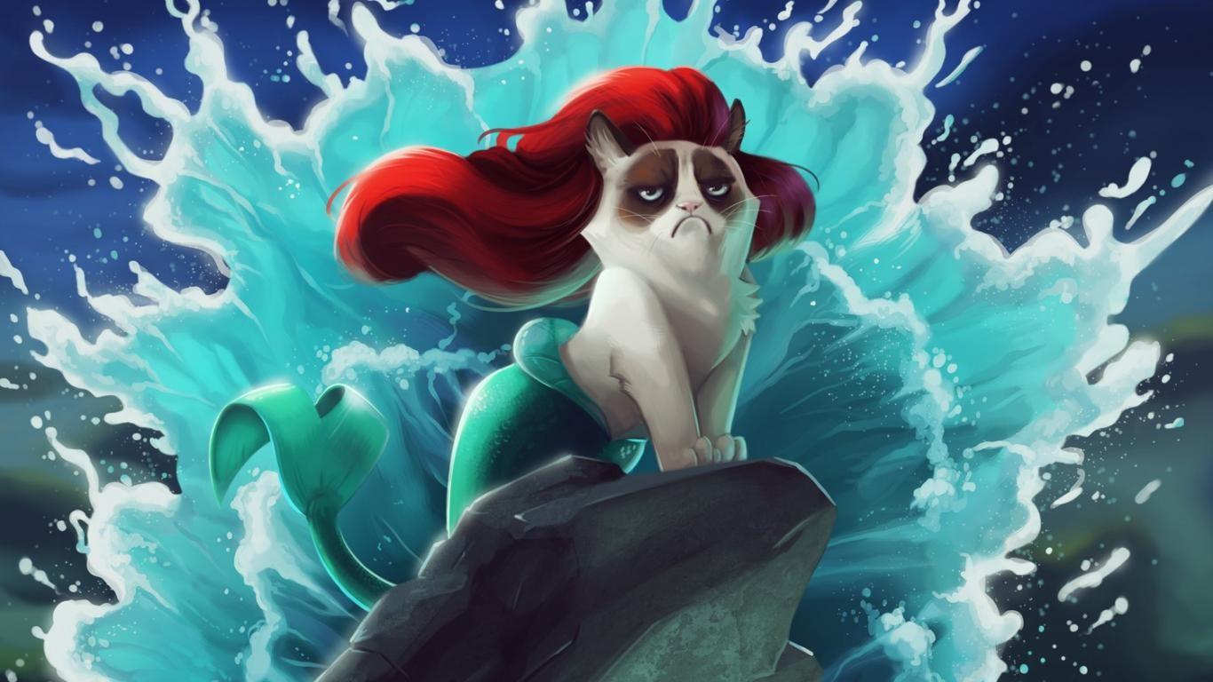 1366x768 Grumpy Cat, cat, Disney, humor, The Little Mermaid Gallery HD Wallpaper