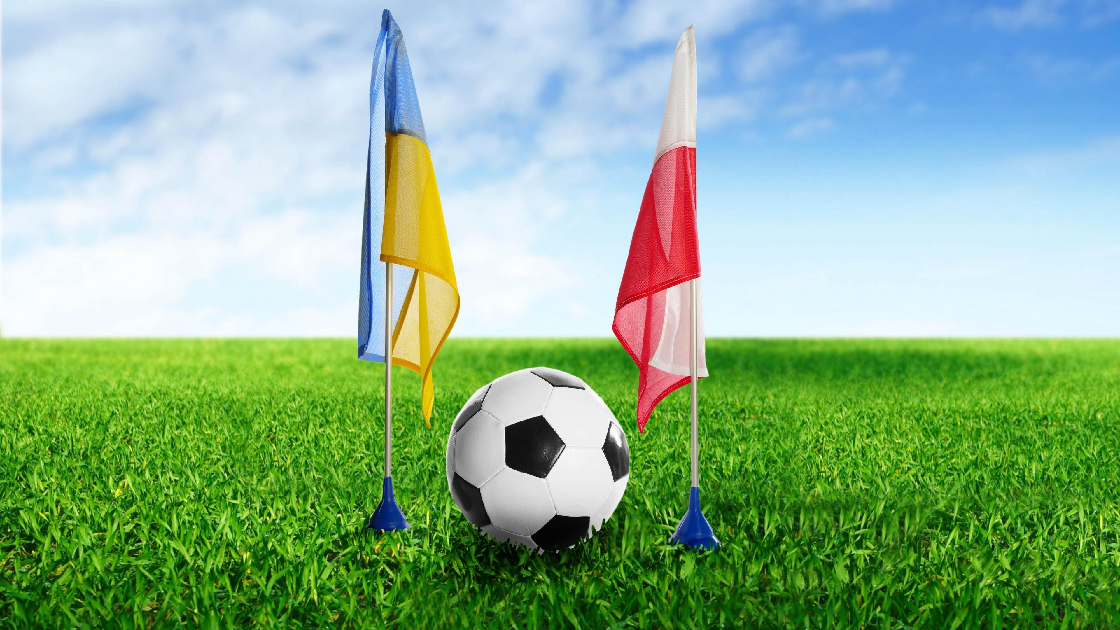 3840x2160 football, ukraine, poland, ball, grass, flags 4k Gallery HD Wallpaper