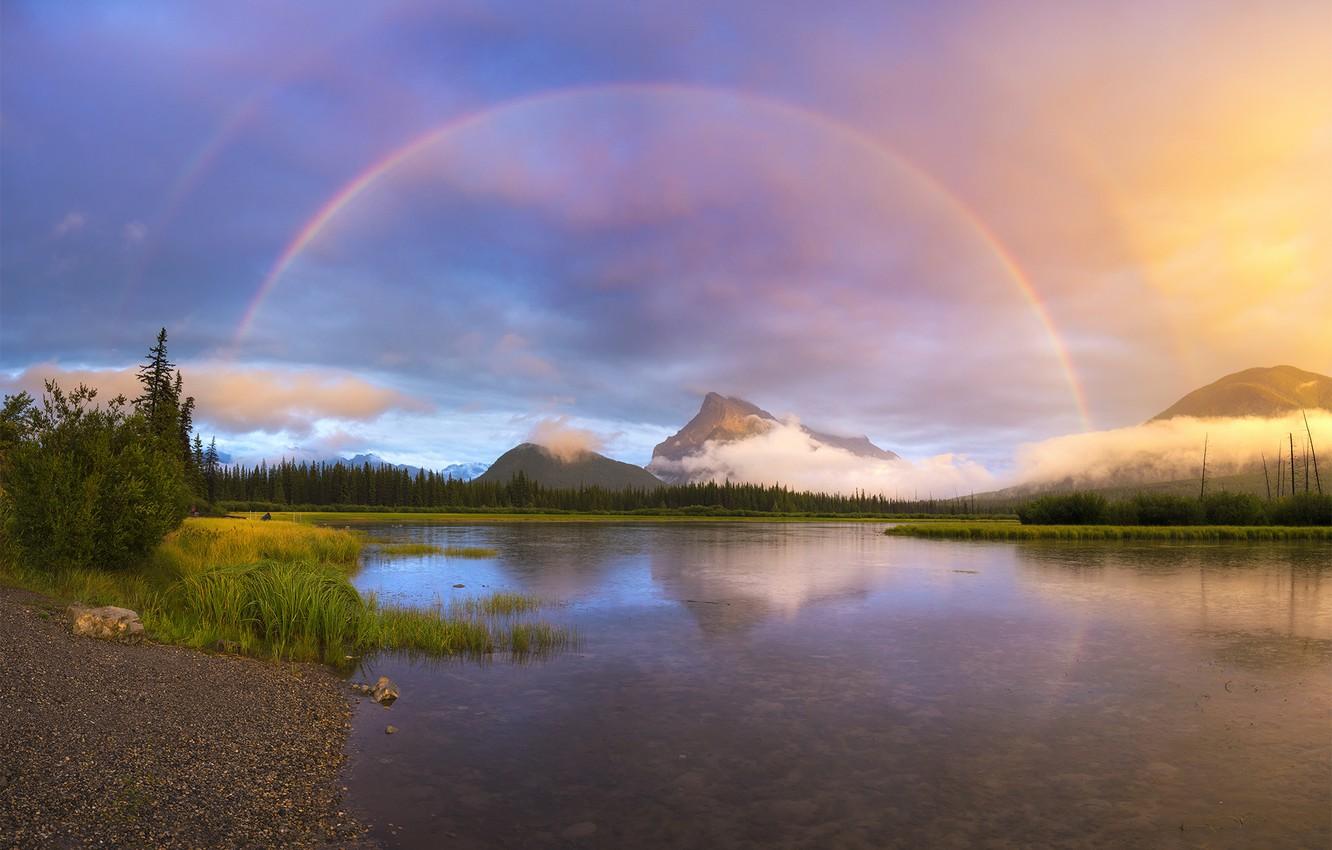 1332x850 Wallpaper forest, the sky, light, mountains, river, rainbow image for desktop, section пейзажи