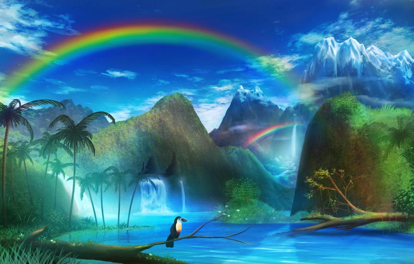 1332x850 Wallpaper landscape, mountains, river, palm trees, bird, rainbow, art, monorisu image for desktop, section разное