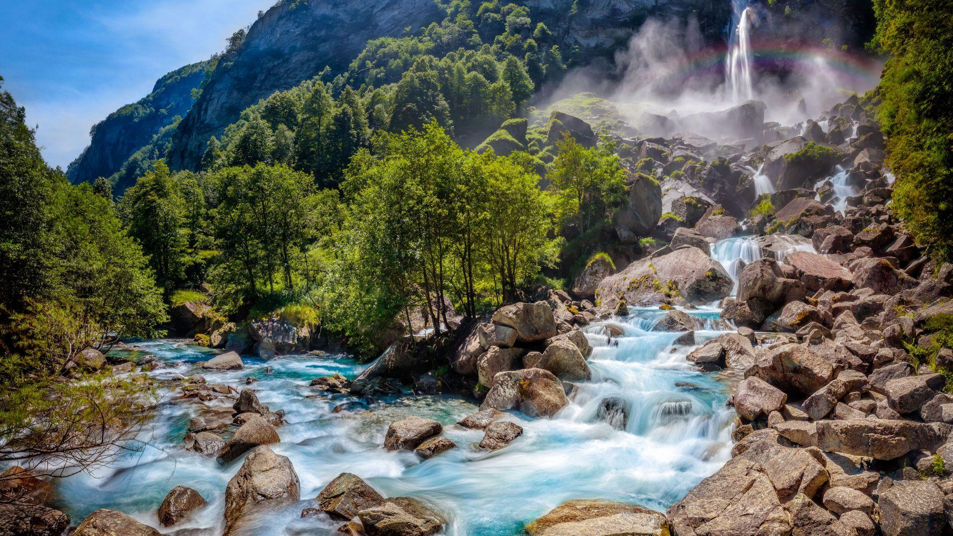1920x1080 Desktop Wallpaper Rainbow, Rocks, Waterfall, River, Forest, Nature, HD Image, Picture, Background, 7030b0