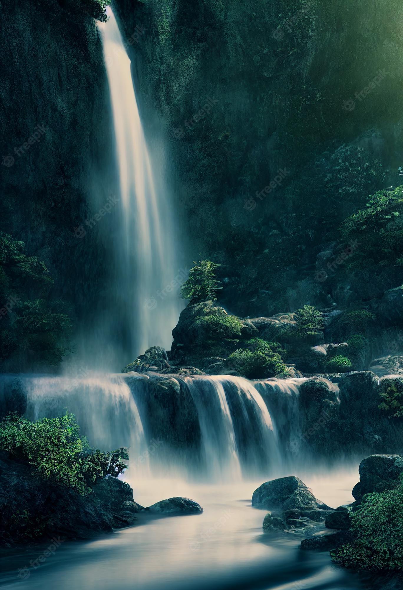 1368x2000 Premium Photo. Beautiful waterfall in deep forest like a paradise 2d illustration