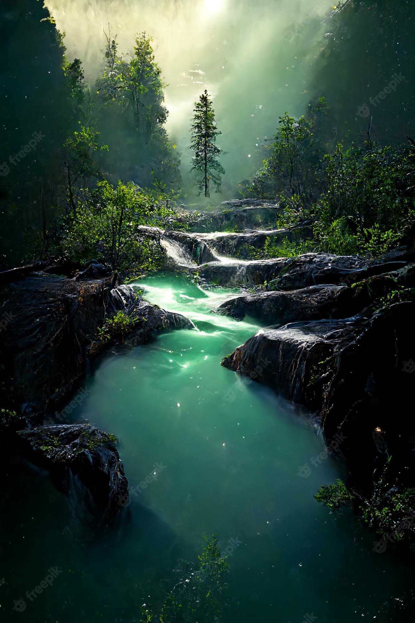 1333x2000 Premium Photo. Beautiful waterfall in deep forest like a paradise 2d illustration