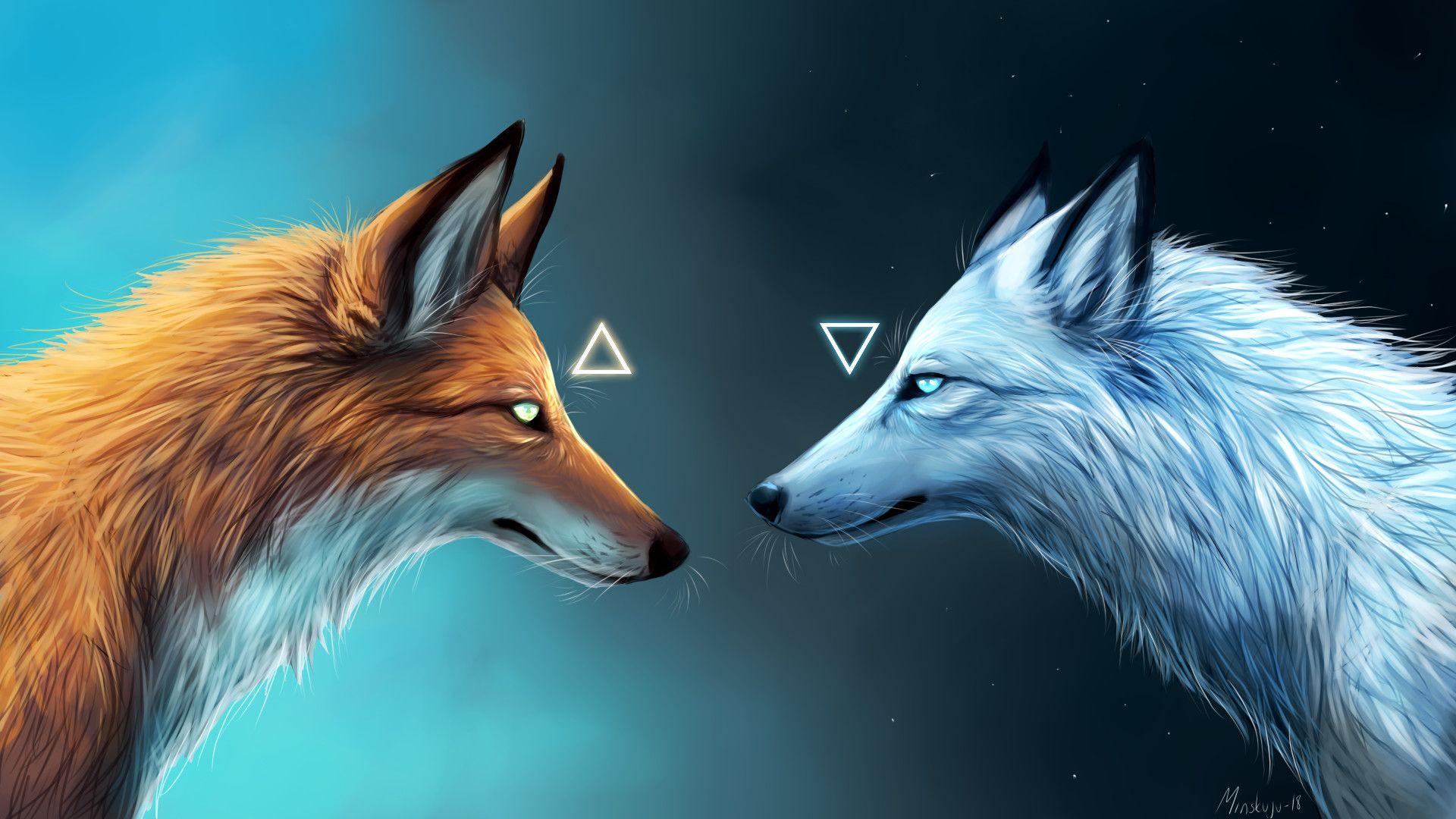 1920x1080 Red And Blue Fox Wallpaper