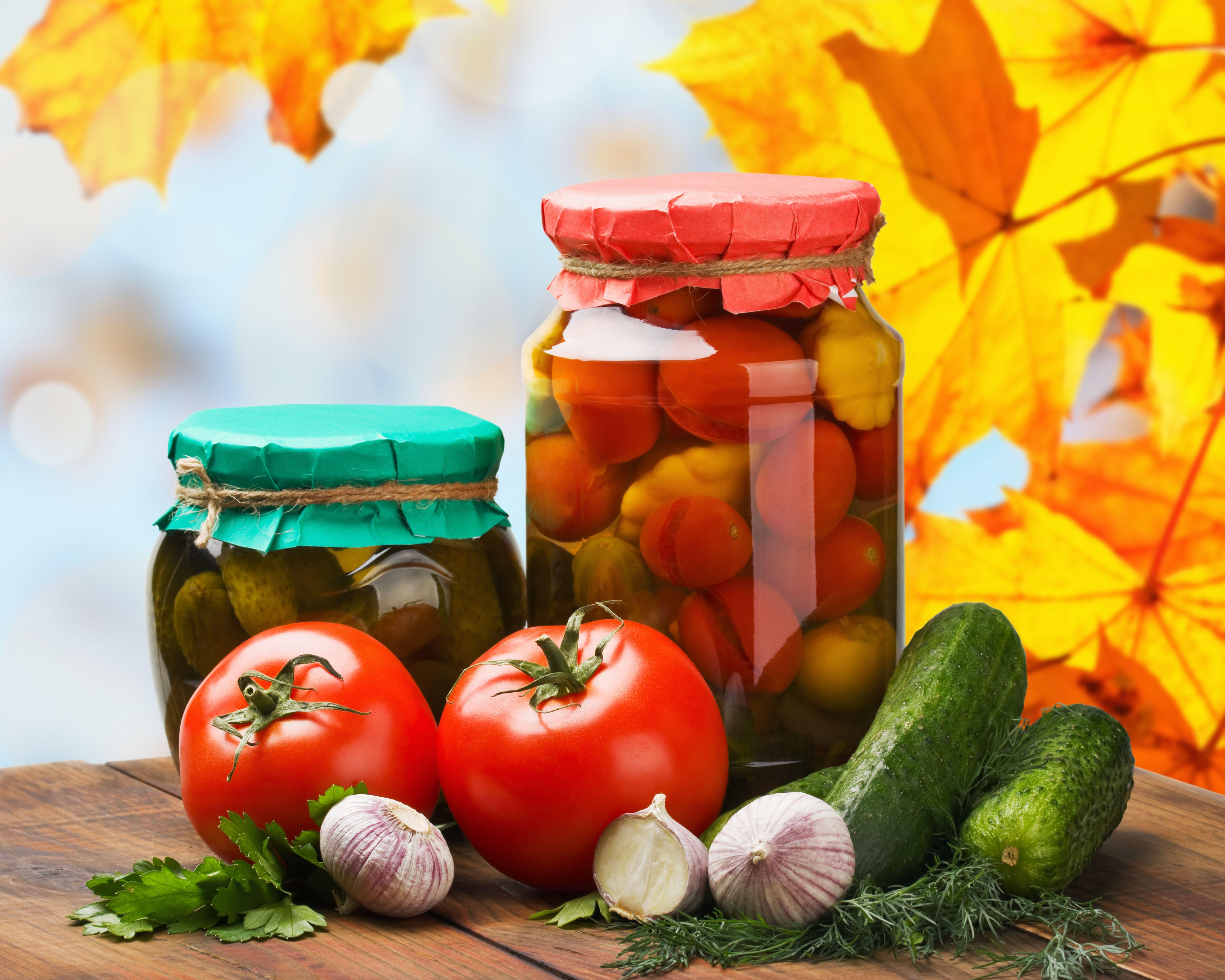 6000x4800 Photos Autumn Tomatoes Cucumbers Jar Dill Allium sativum 6000x4800