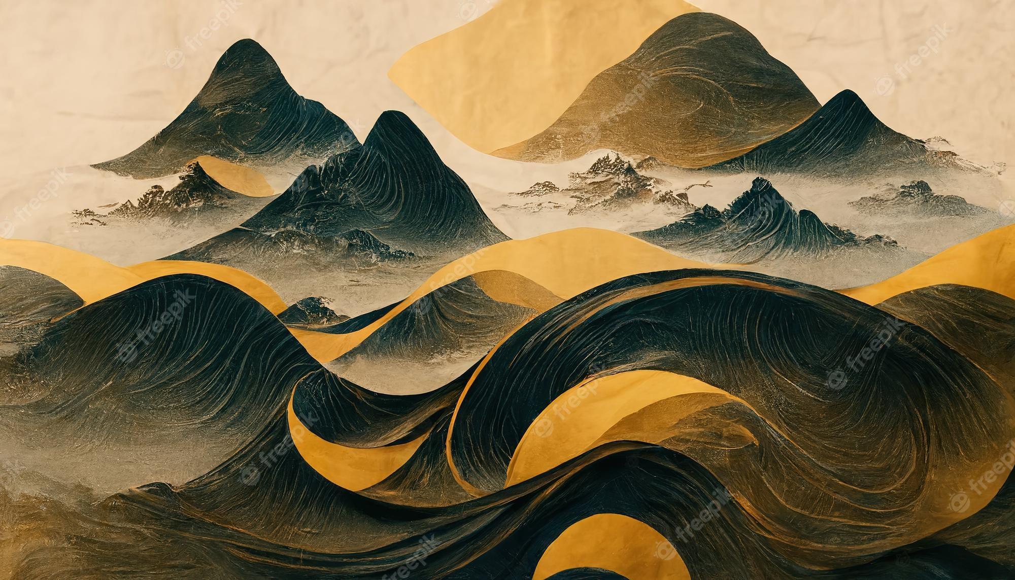 2000x1143 Premium Photo. Minimalistic mountain landscape with watercolor brush in japanese traditional style wallpaper with abstract art for prints or covers 3D artwork