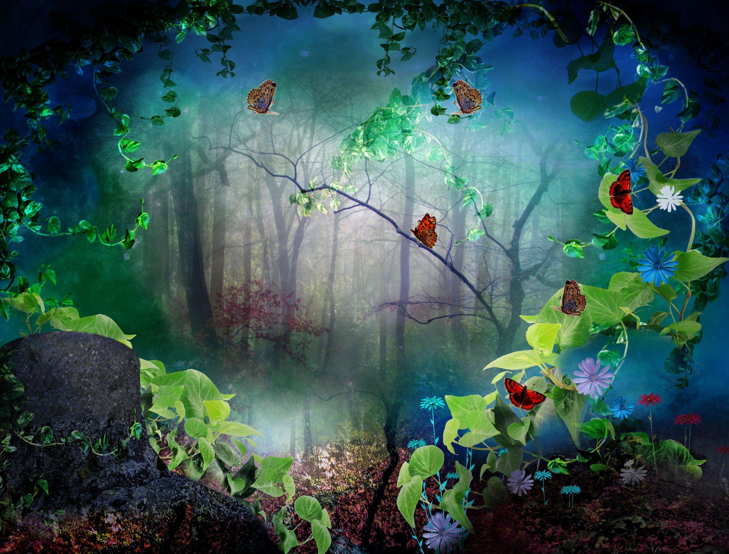 2500x1900 Butterfly Forest Wallpaper. digital art 3D phantasmagoria forest