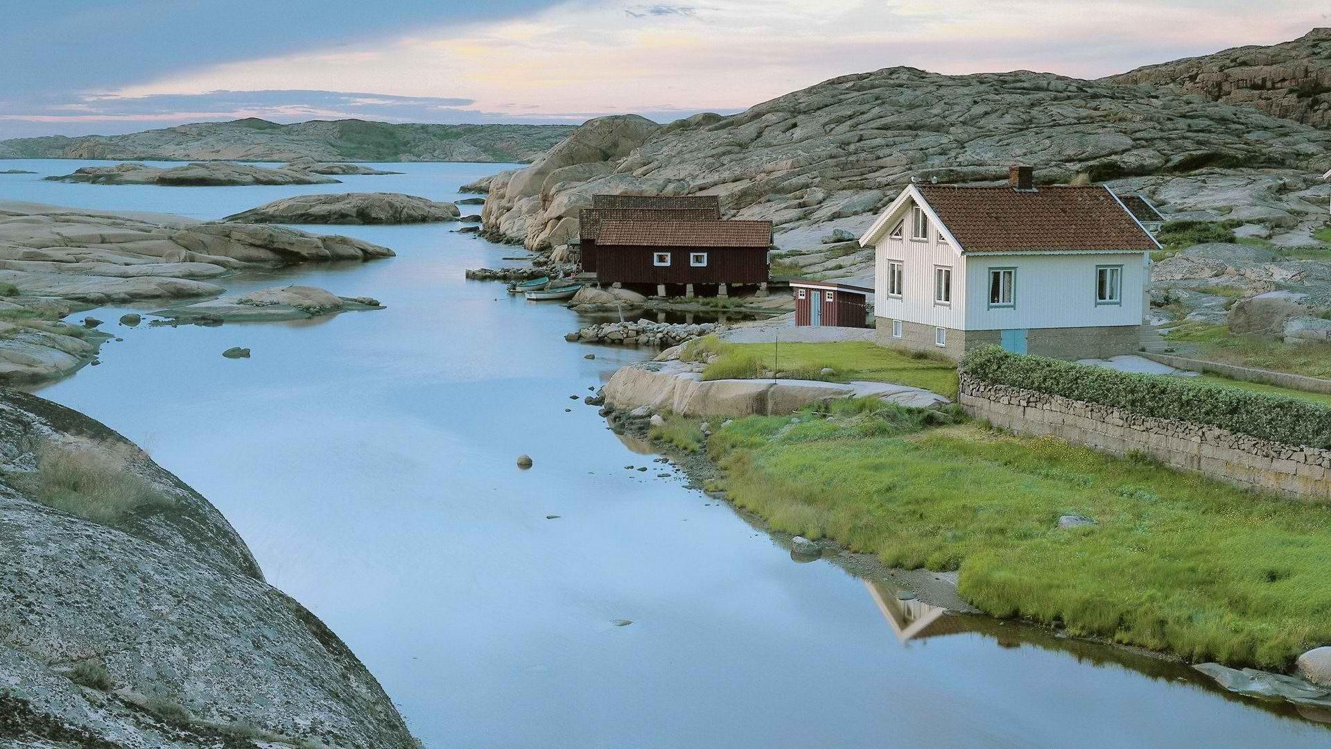 1920x1080 Wallpaper sweden, city, building, sky, nature, grass, water