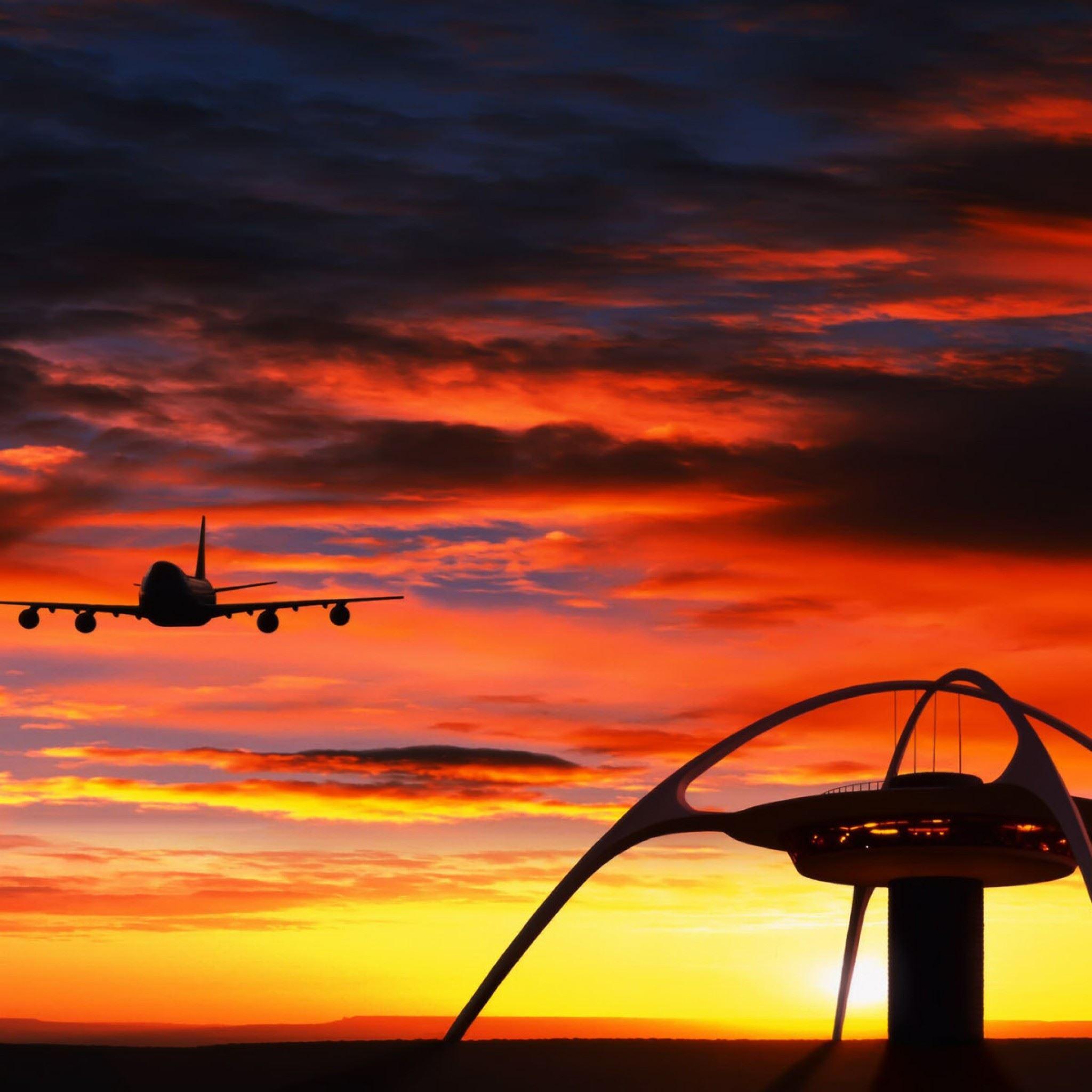 2048x2048 Landing Plane Sunset iPad Air Wallpaper Free Download