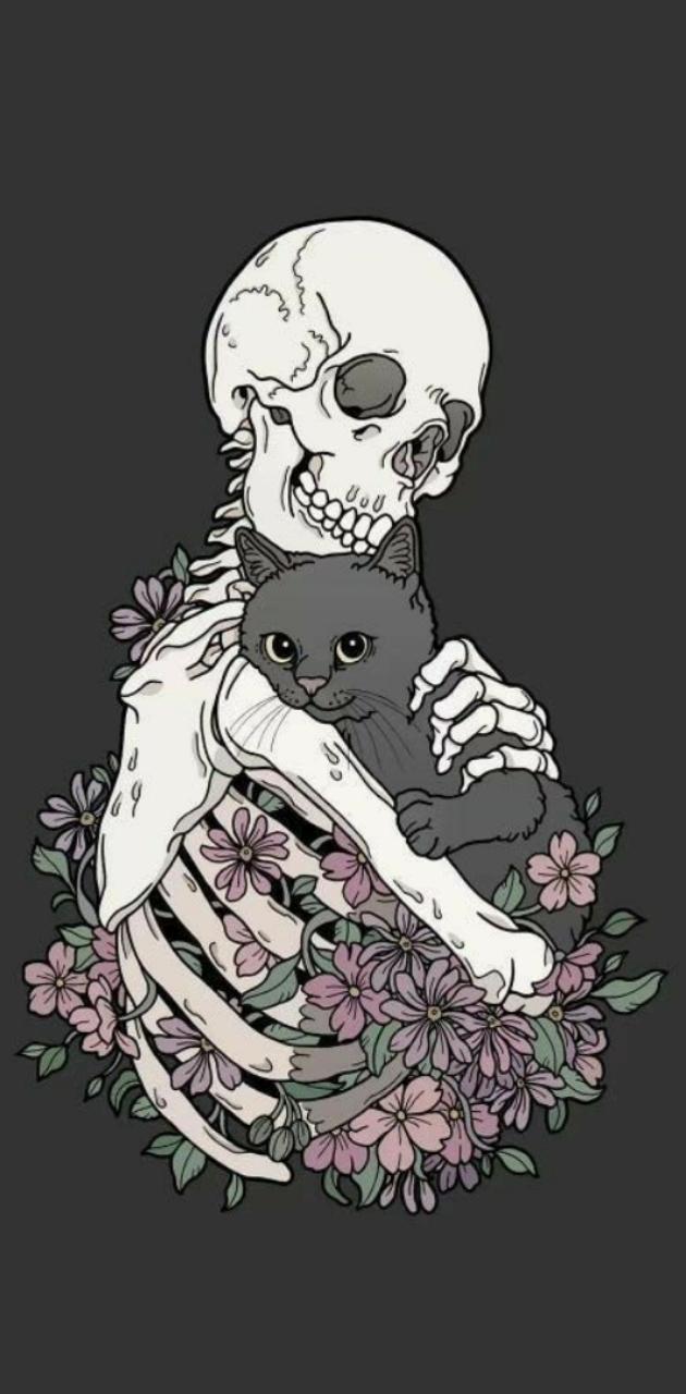 630x1280 cat and skeleton wallpaper