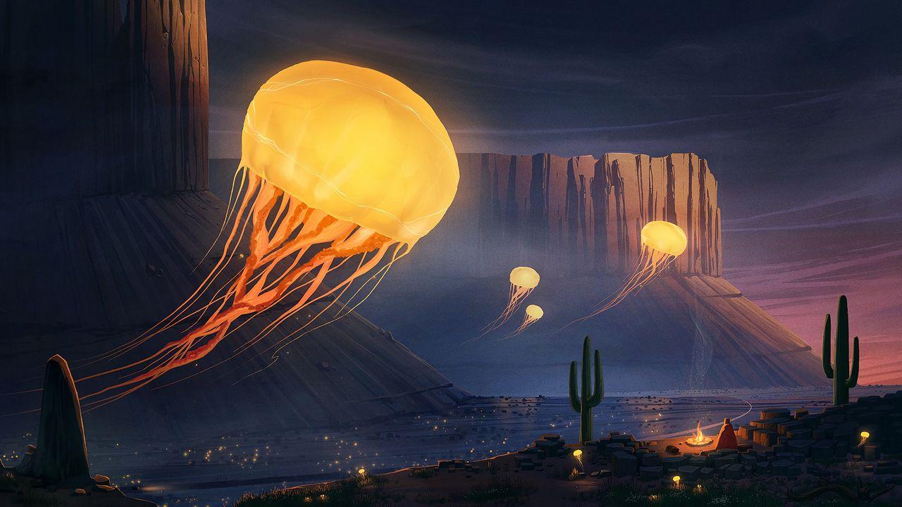 1280x720 Wallpaper jellyfish, cactus, canyon, art hd, picture, image