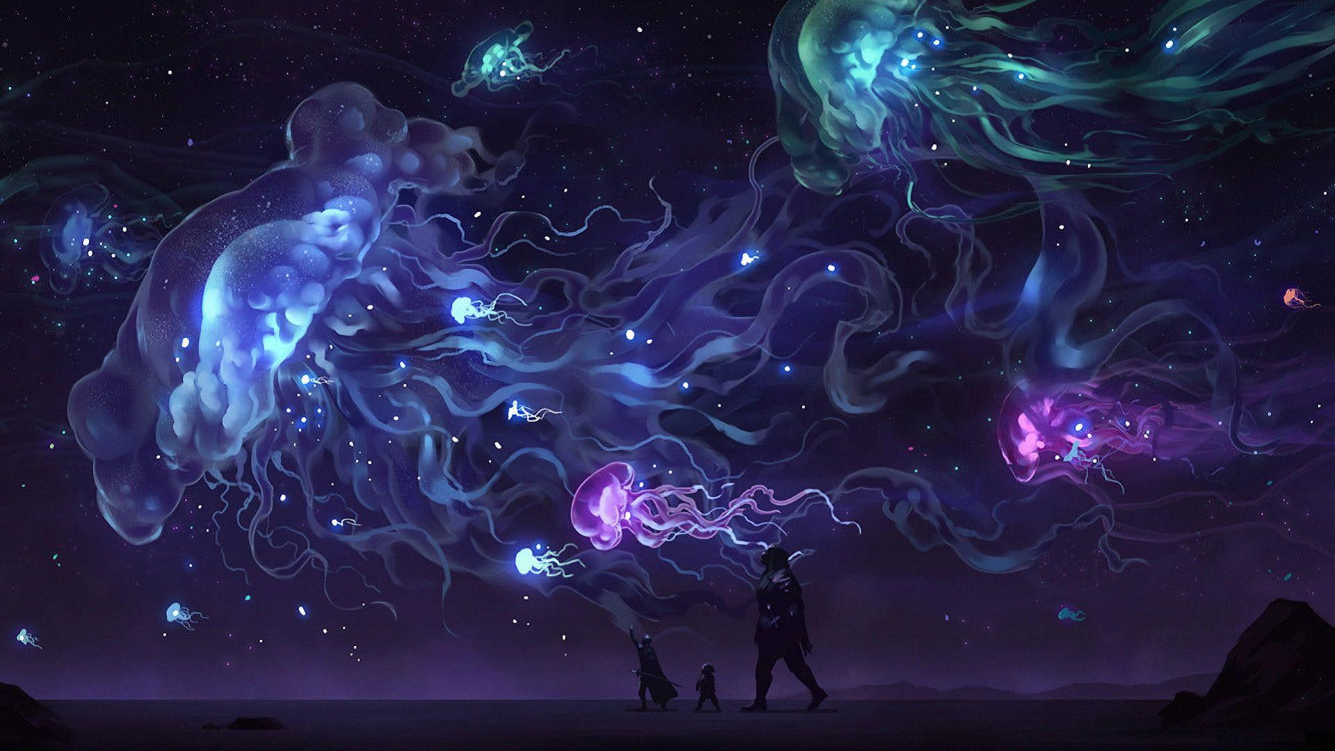 1920x1080 jelly fish wallpaper, two black and blue abstract paintings #jellyfish fantasy art #adventurers #colorfu. Blue abstract painting, Digital painting, Fish wallpaper