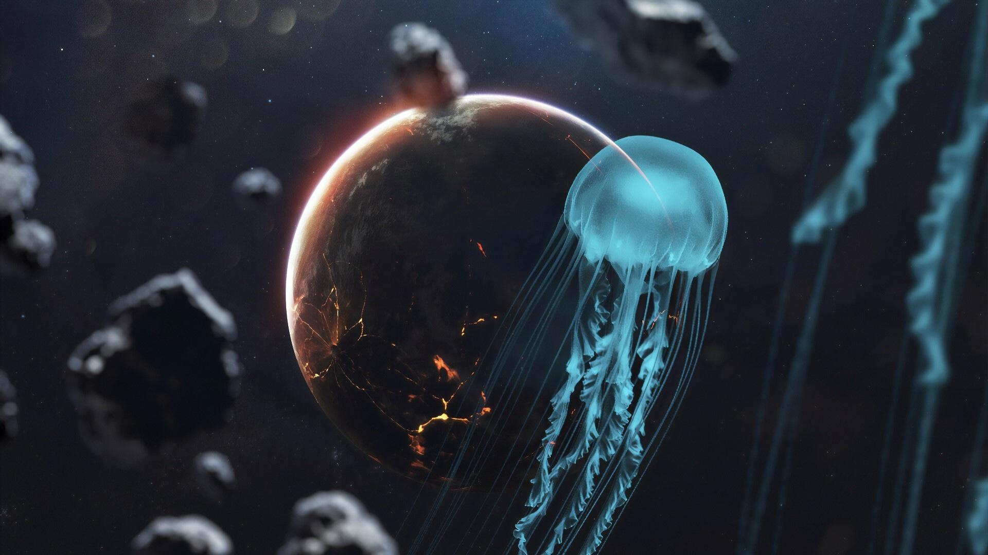 1920x1080 Wallpaper / space, space art, planet, artwork, digital art, jellyfish, cyan free download